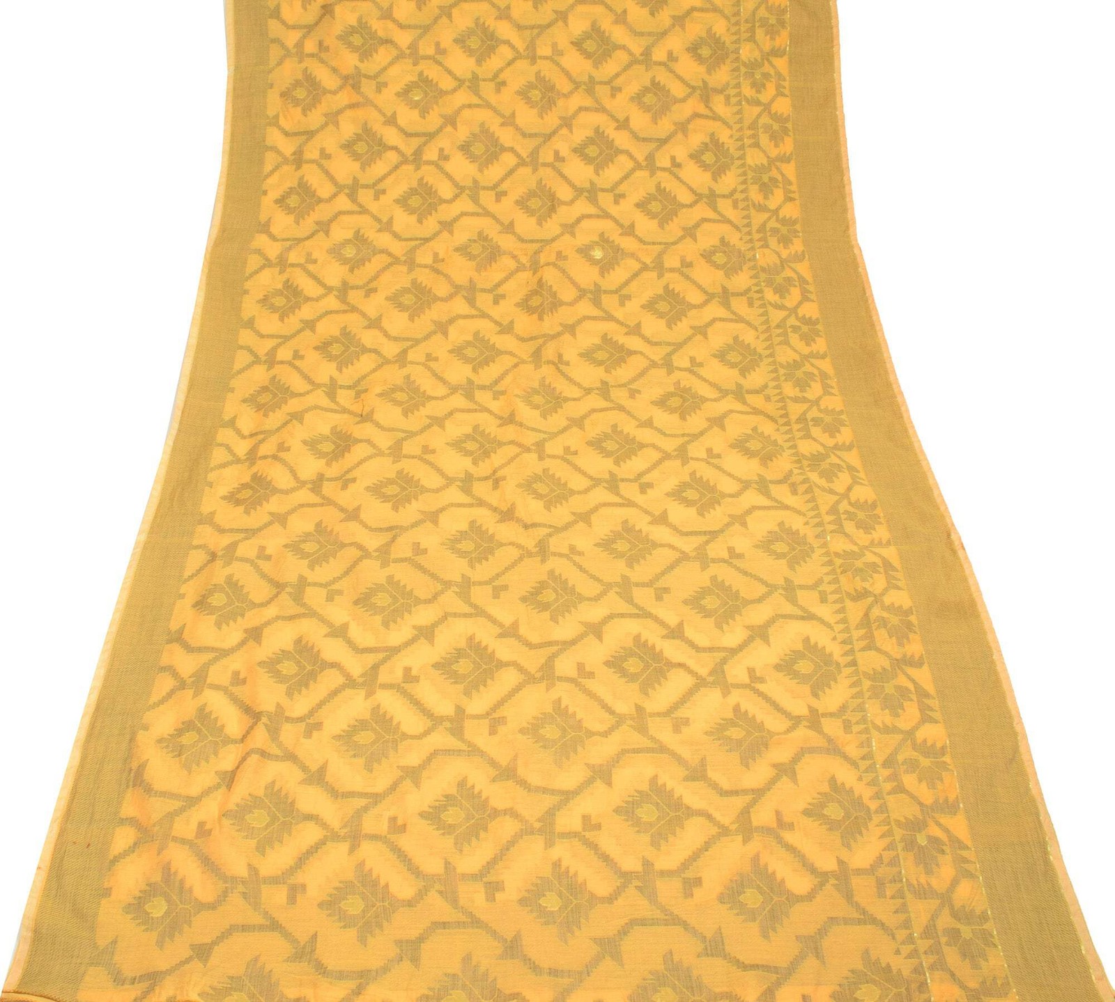 Sushila Vintage Dhakai Jamdani Saree Art Cotton Silk Yellow Woven Sari Fabric