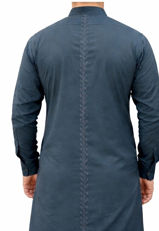 men’s Kurta Embroided Kurta Gray Cotton Slim Fit Shalwar Kameez.
