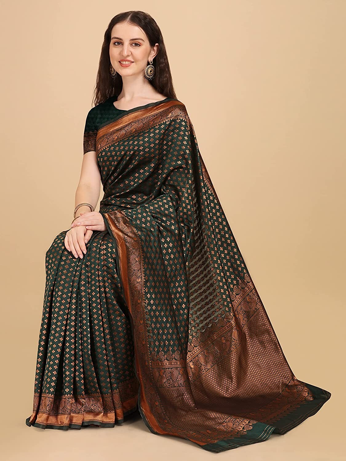 Areca Designer Copper Peacock Green Silk saree blouses women Saree Cut 5.5 Meter