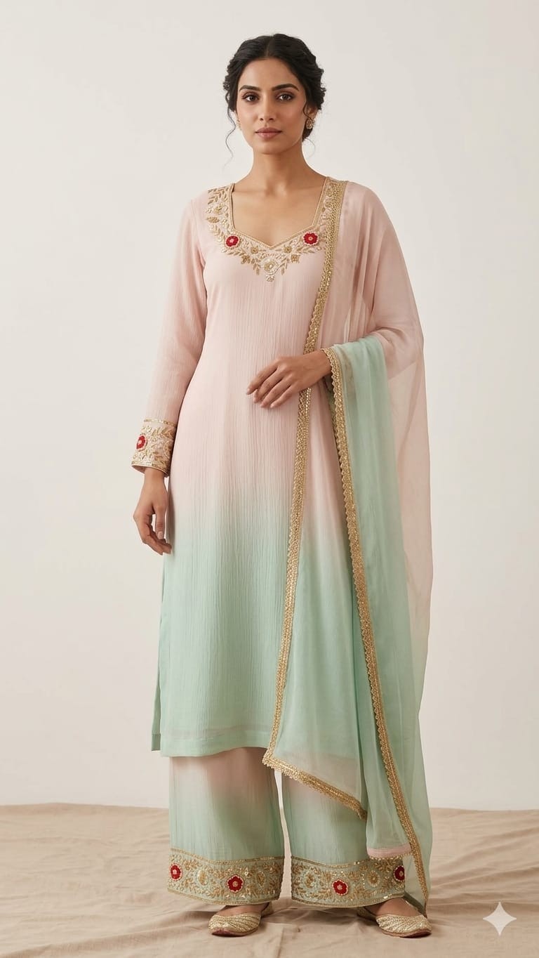 Custom Handmade Blush Pink Crinkle Chiffon Salwar Kameez Suit | Hand Embroidered