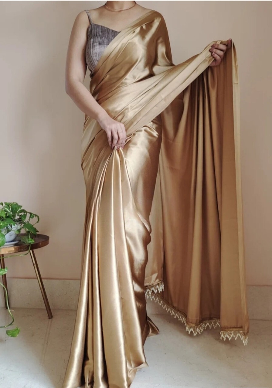 Solid/Plain Bollywood Satin, Silk Blend Saree (Gold)