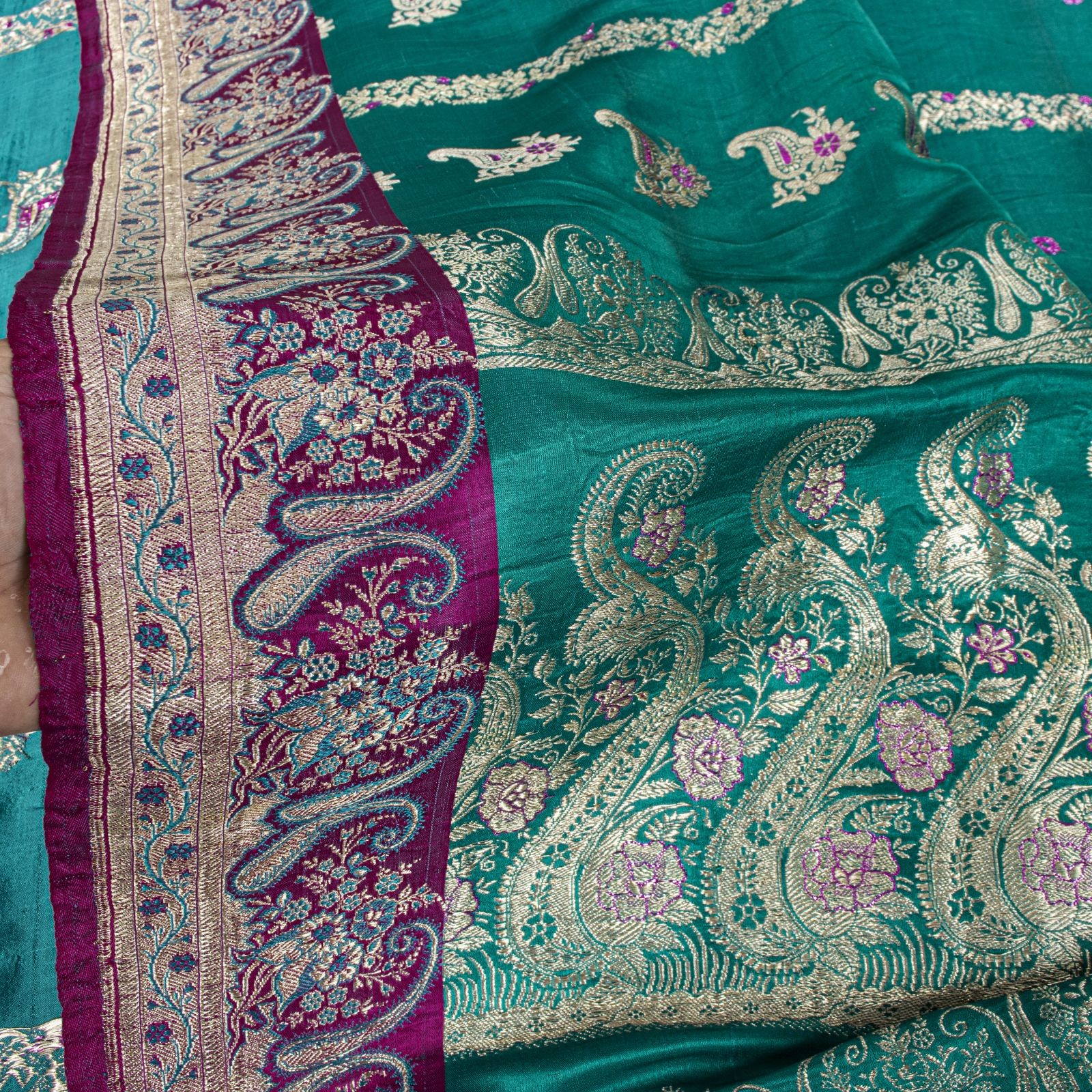 Sanskriti Vintage Green Pure Satin Silk Saree Banarasi Brocade Woven Sari 5Yard