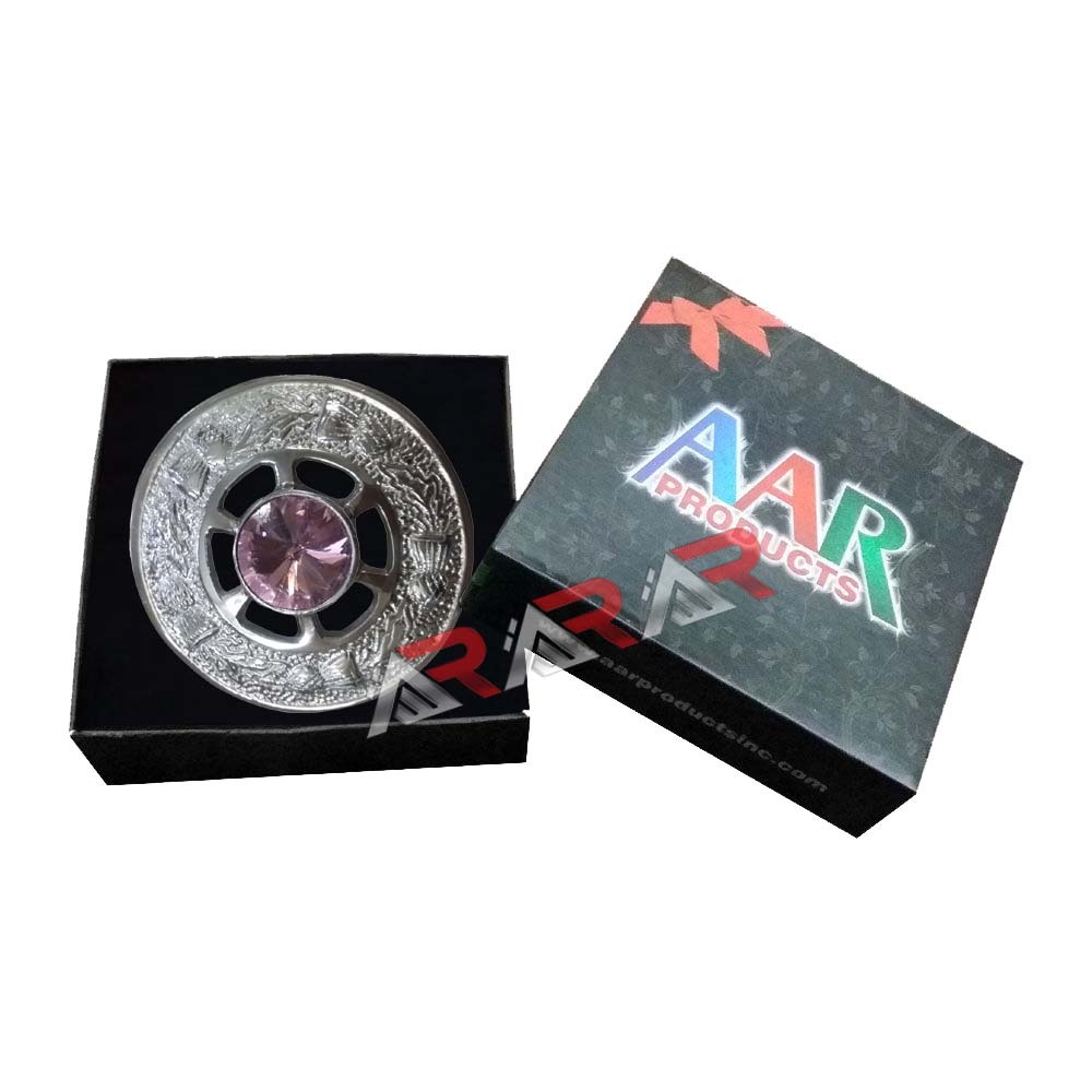 Scottish Brooch Kilt Fly Plaid Ladies Highland Pink Stone Chrome 2″ Emblem AAR