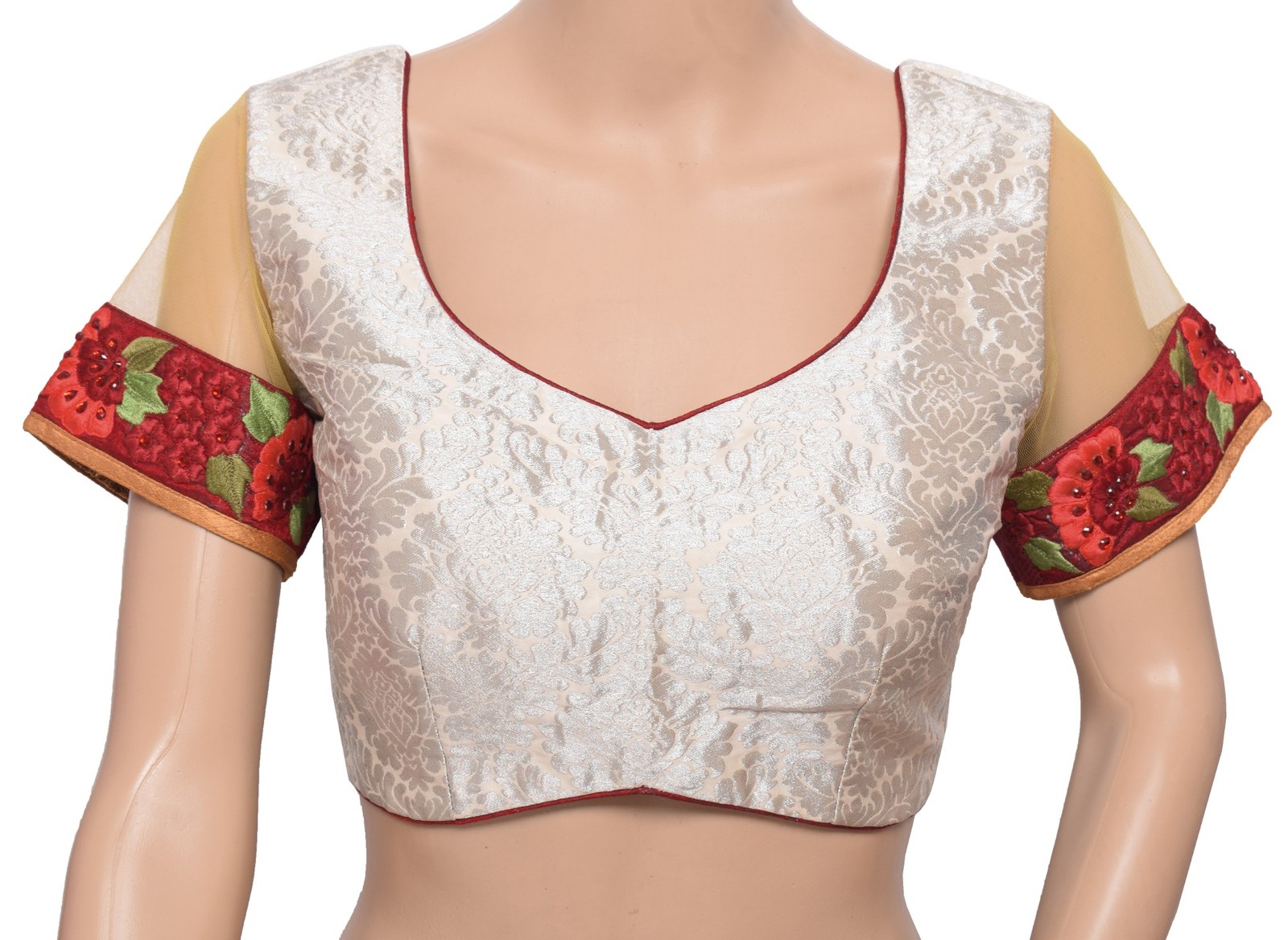 Sushila Vintage Zari Brocade Sari Blouse White Readymade Silk Designer Choli 36″