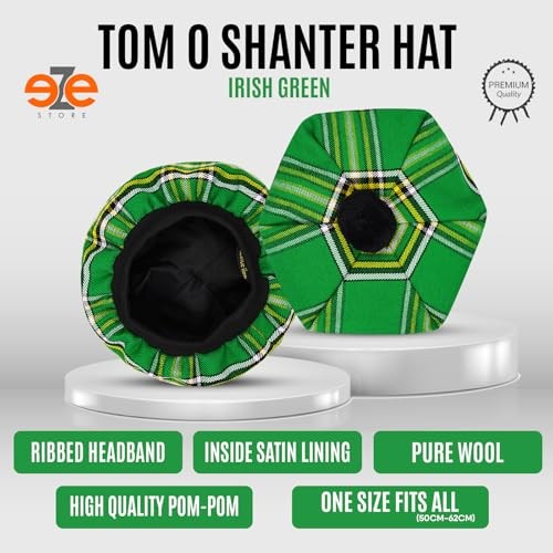 EZE Scottish Hat for Men Tam o’ Shanter Flat Bonnet Kilt One Size Irish Green