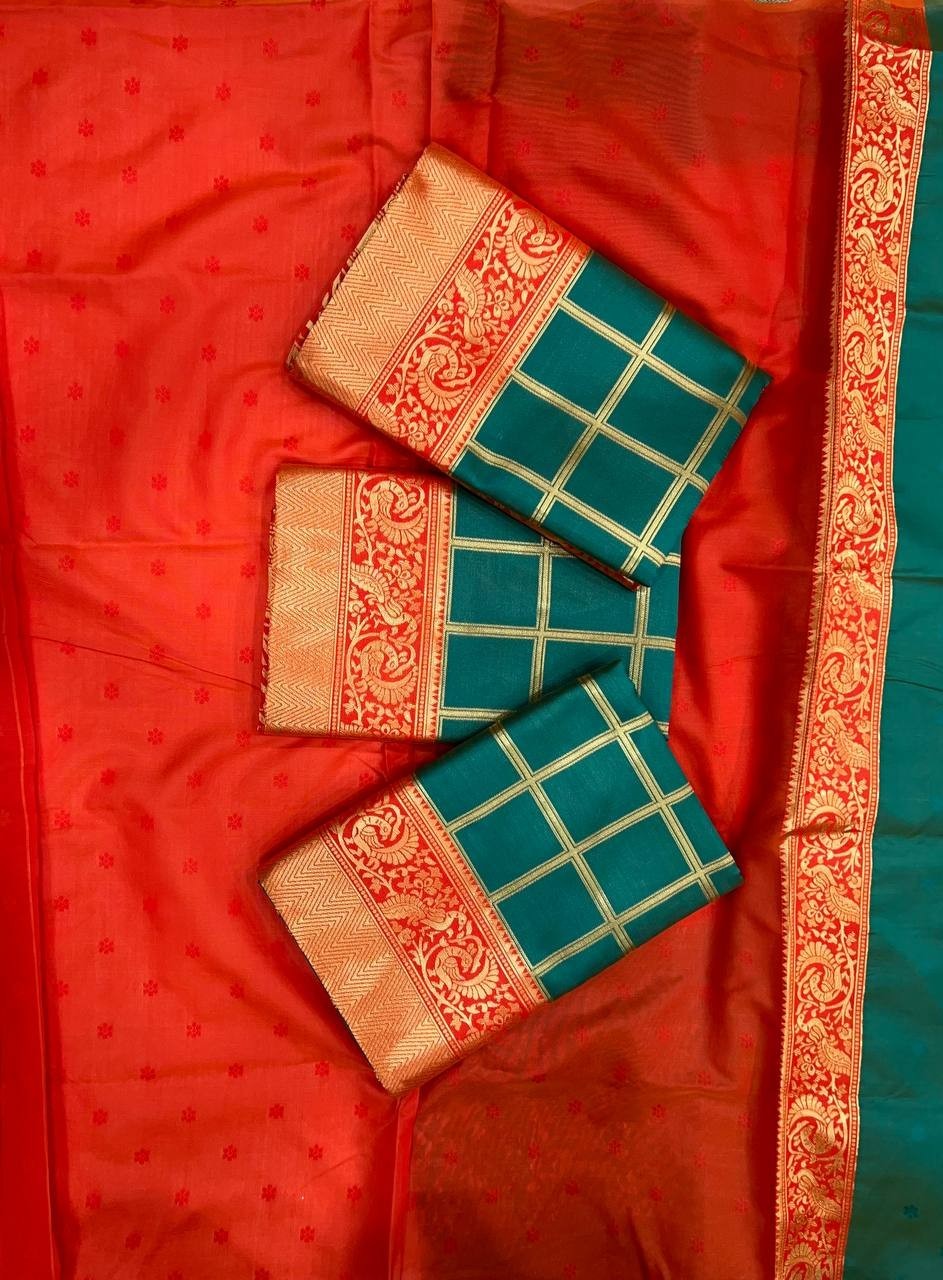 Designer Red Lichi Silk Saree withgreen linen saree, silver border saree, Indian