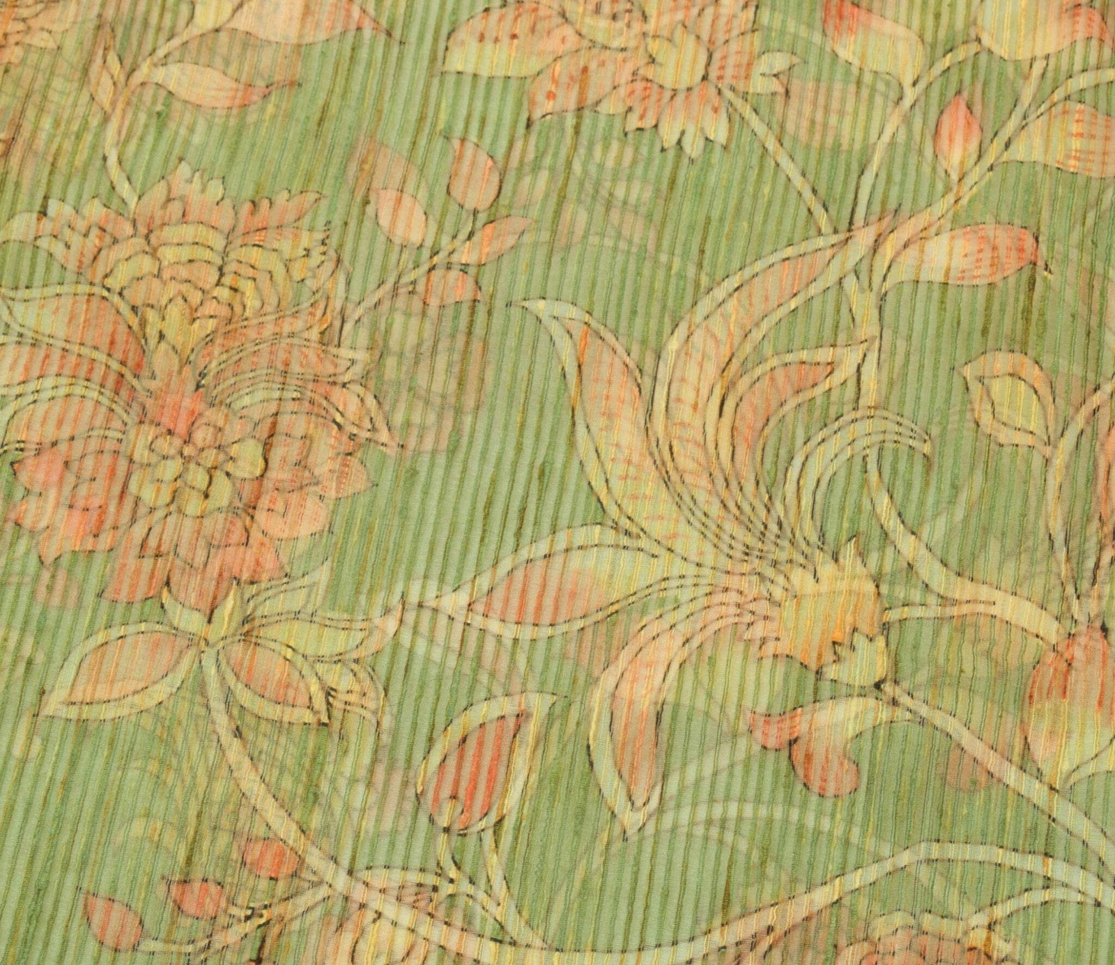 Sushila Vintage Green Silk Saree Kalamkari Printed & Woven Peacock Sari Fabric
