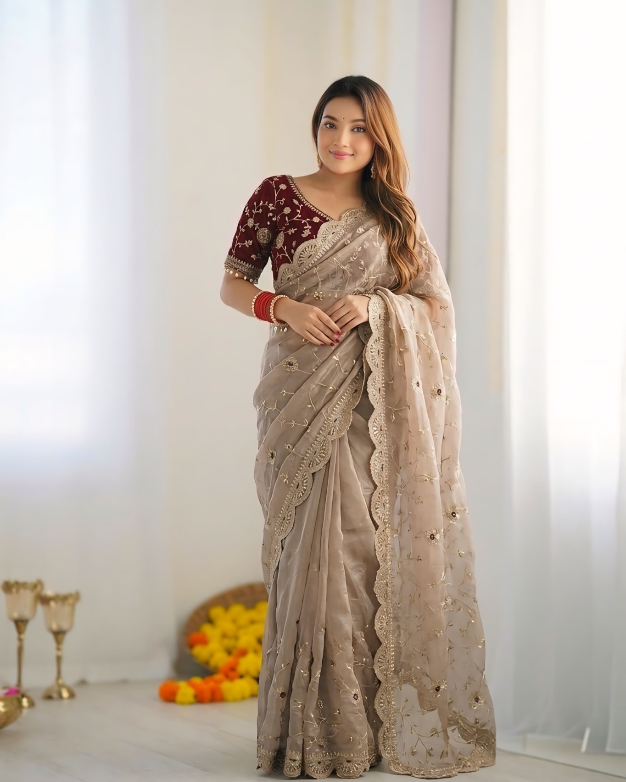 Wine Maroon Embroidered Organza Saree With Heavy Designer Blouse Elegant Emerald