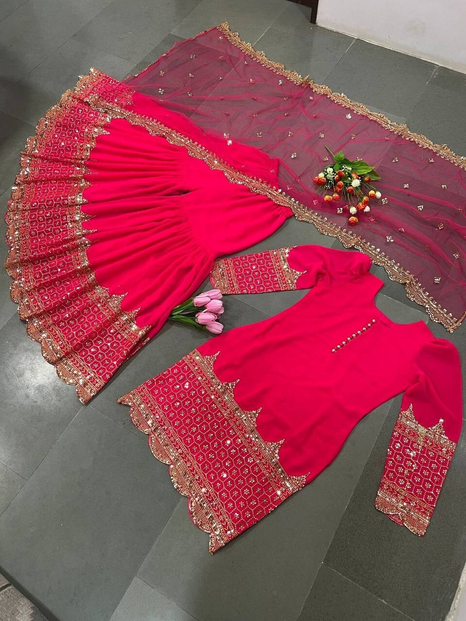 Launching Georgette Fancy Top Palazzo With Net Dupatta For Women Party Wear