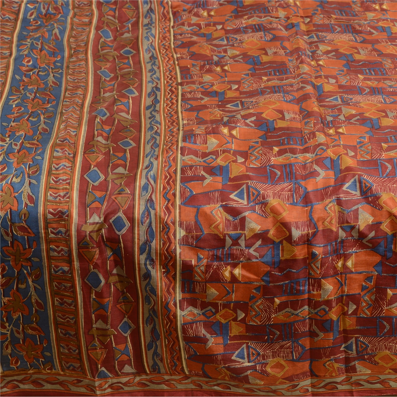 Sanskriti Vintage Sarees Indian Dark Red Pure Silk Printed Sari 5Yd Craft Fabric