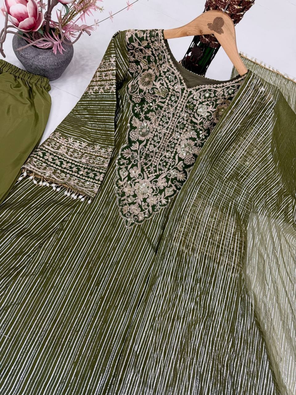 Bollywood Style Naylon Olive Green Salwar Kameez With Dupatta For Reception