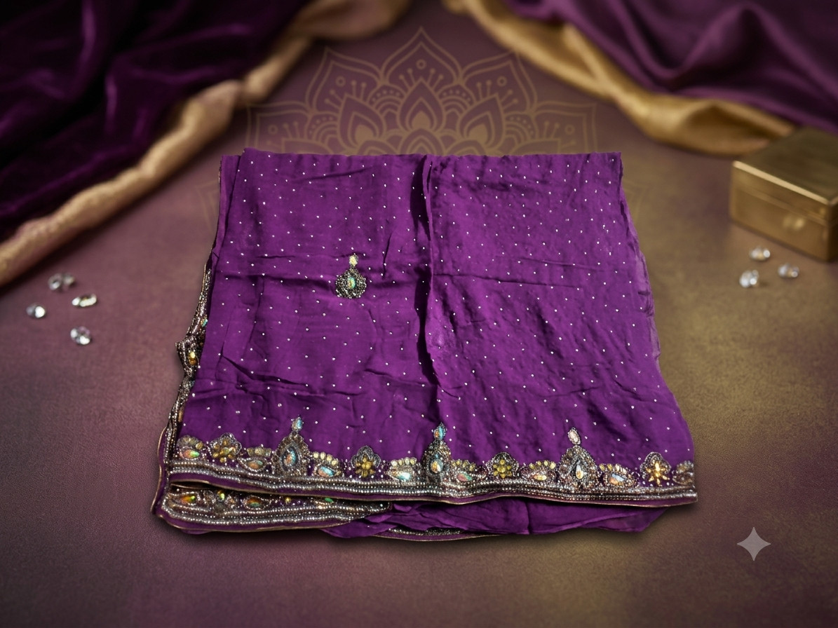 Women Purple Pure Georgette Handwork Saree with Unstitched Blouse Piece