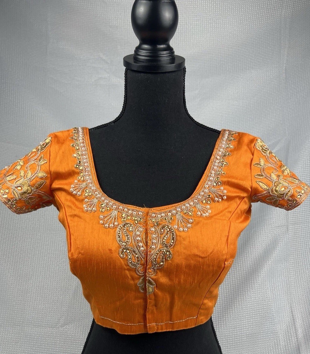 Bridal Silk Saree Blouse Orange W/Intricate Meggam/Aari Work