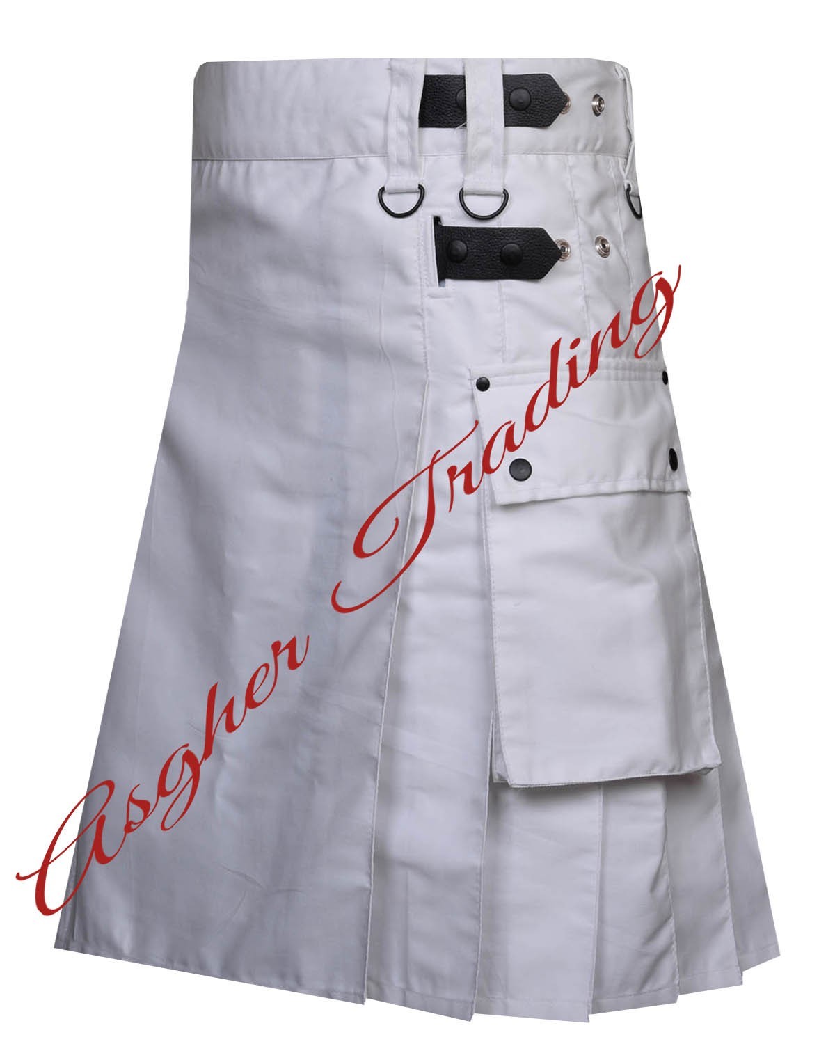 Handmade White Cotton Utility Kilt, Real Leather Straps Men’s Custom Size kilts