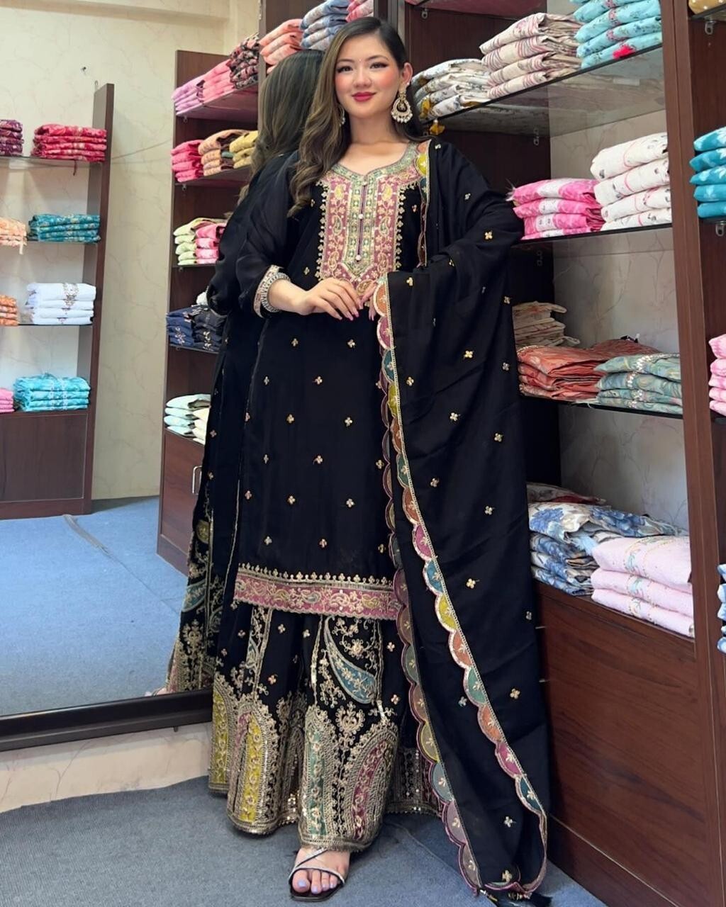 Party wear Designer-Kurti-Sharara-Duppatta Set in stunning 2 colors