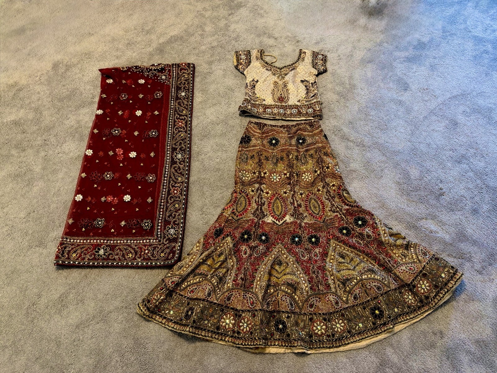 Embroidered Choli Set for Women Red Gold Multi-Color Skirt Dupatta Beads Sequins