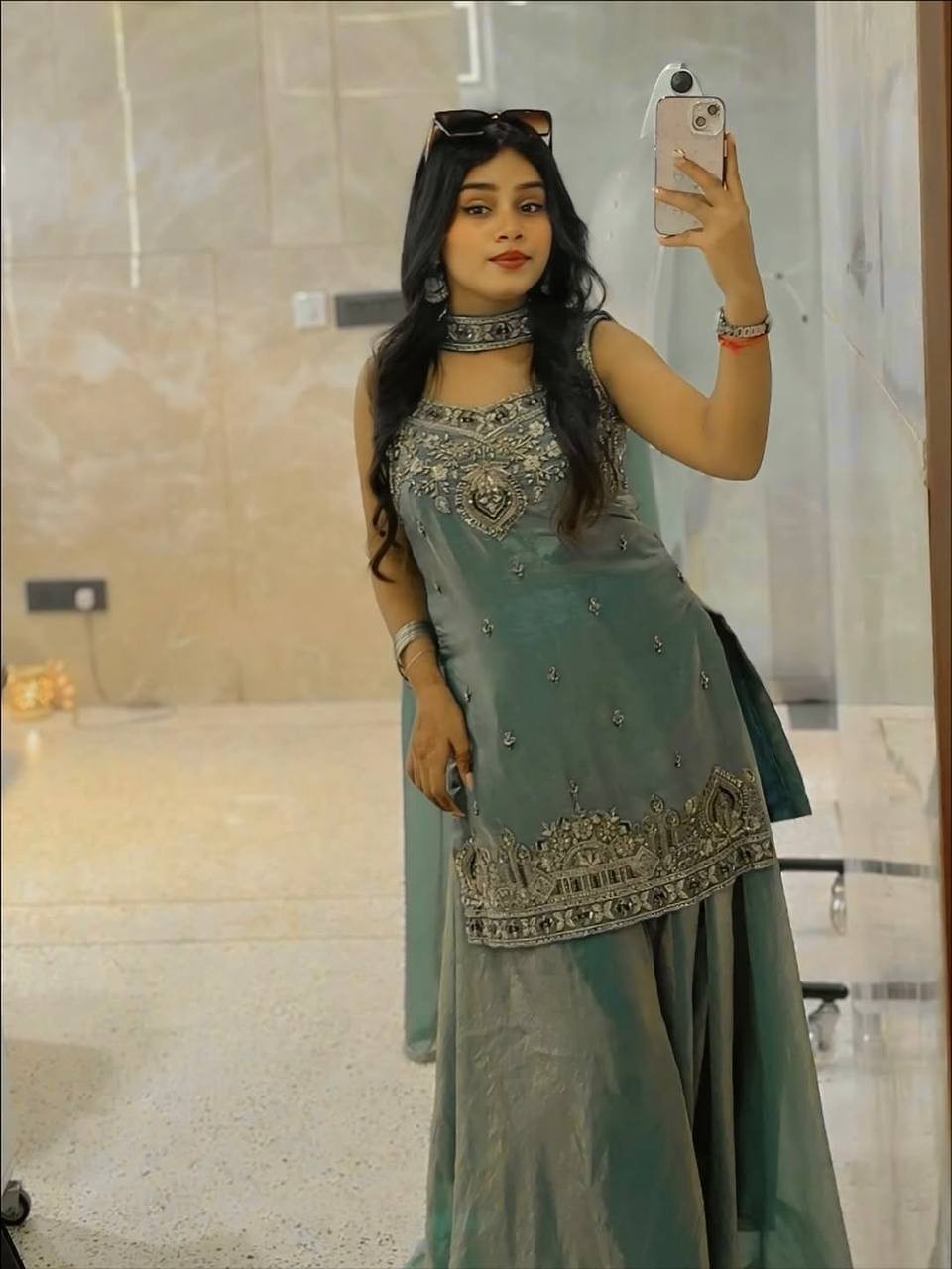 Eid Reception Party Wear Fandy Silk Sharara Plazzo Suit