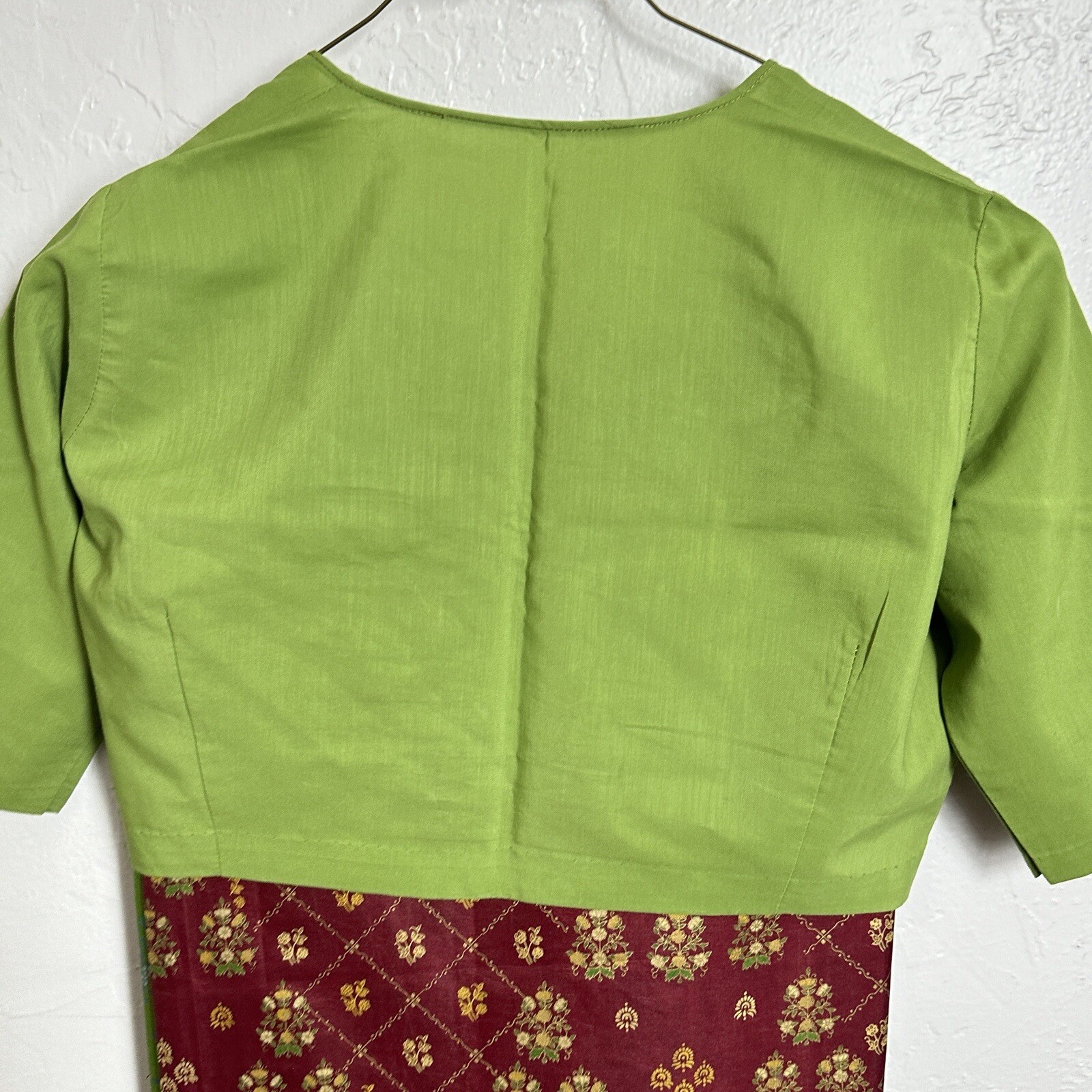 Vtg Indian Saree Choli Dress Top Set M Silk Lime Green Wine Gold Floral Metallic