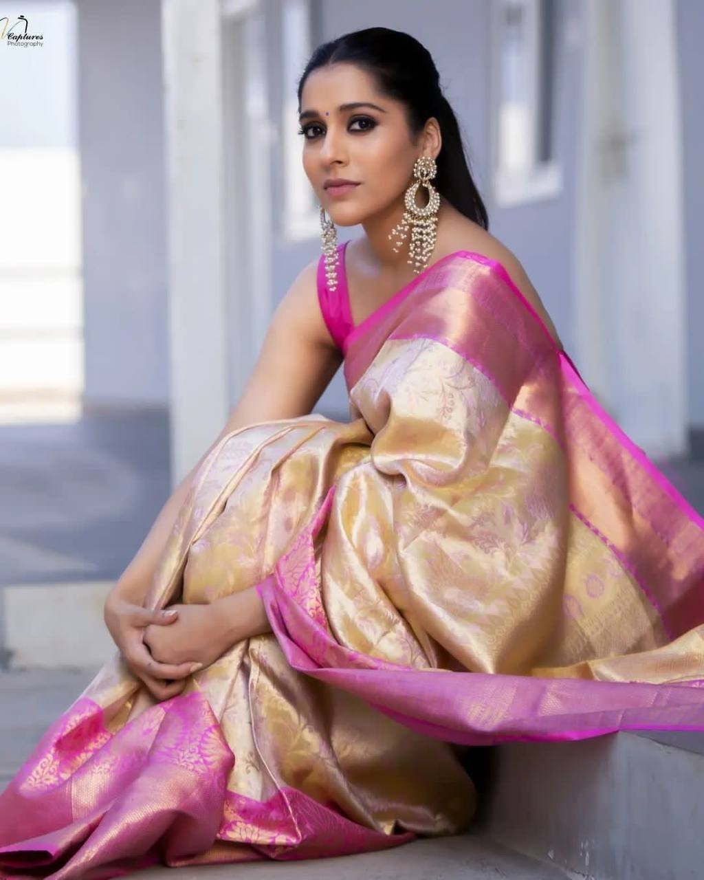 Wedding Wear Golden Beige Pink Lichi Silk Saree Jacquard Weaving Indian Ethnic
