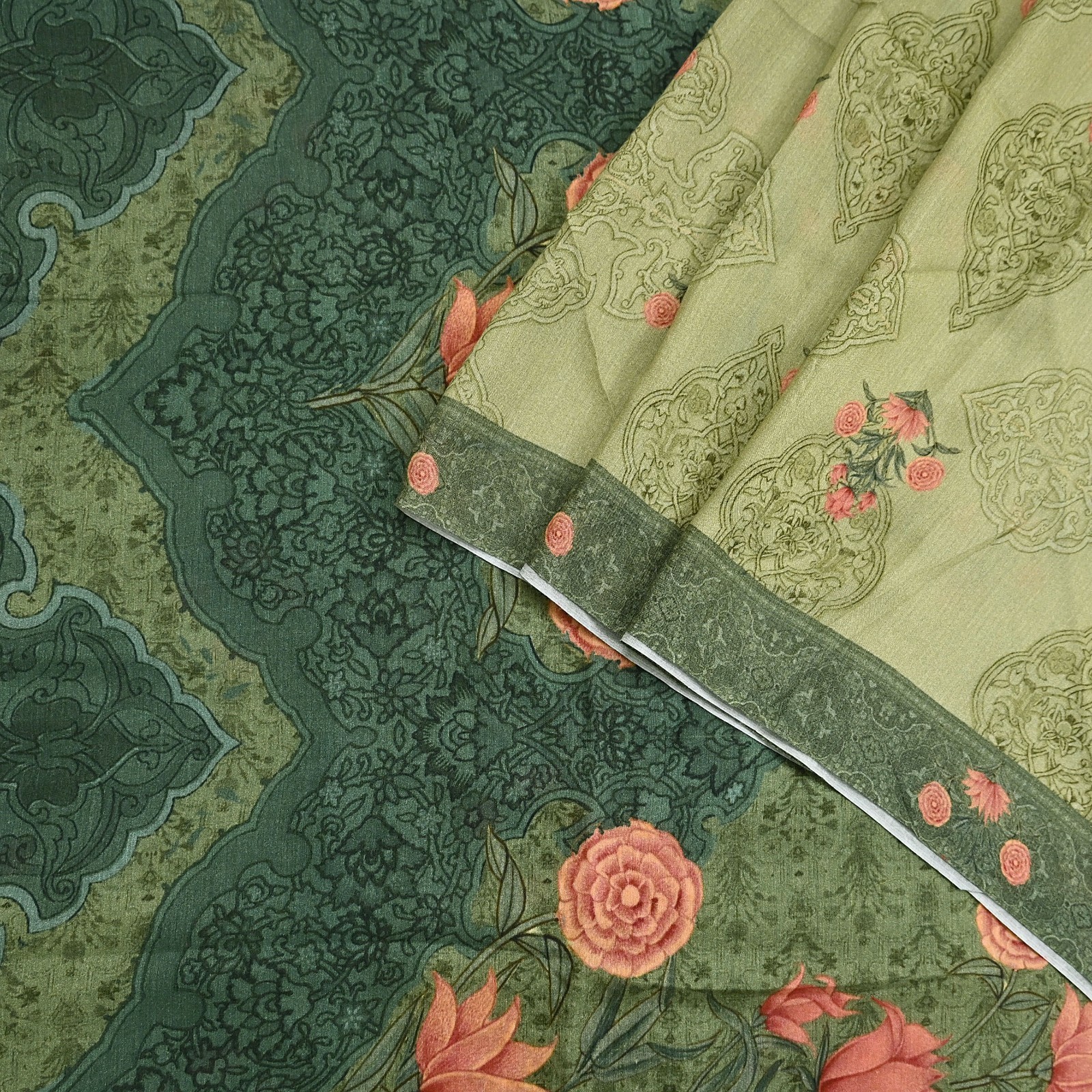 Indian Vintage Sari Green Blend Silk Woven Digital Printed Saree Craft Fabric 5y