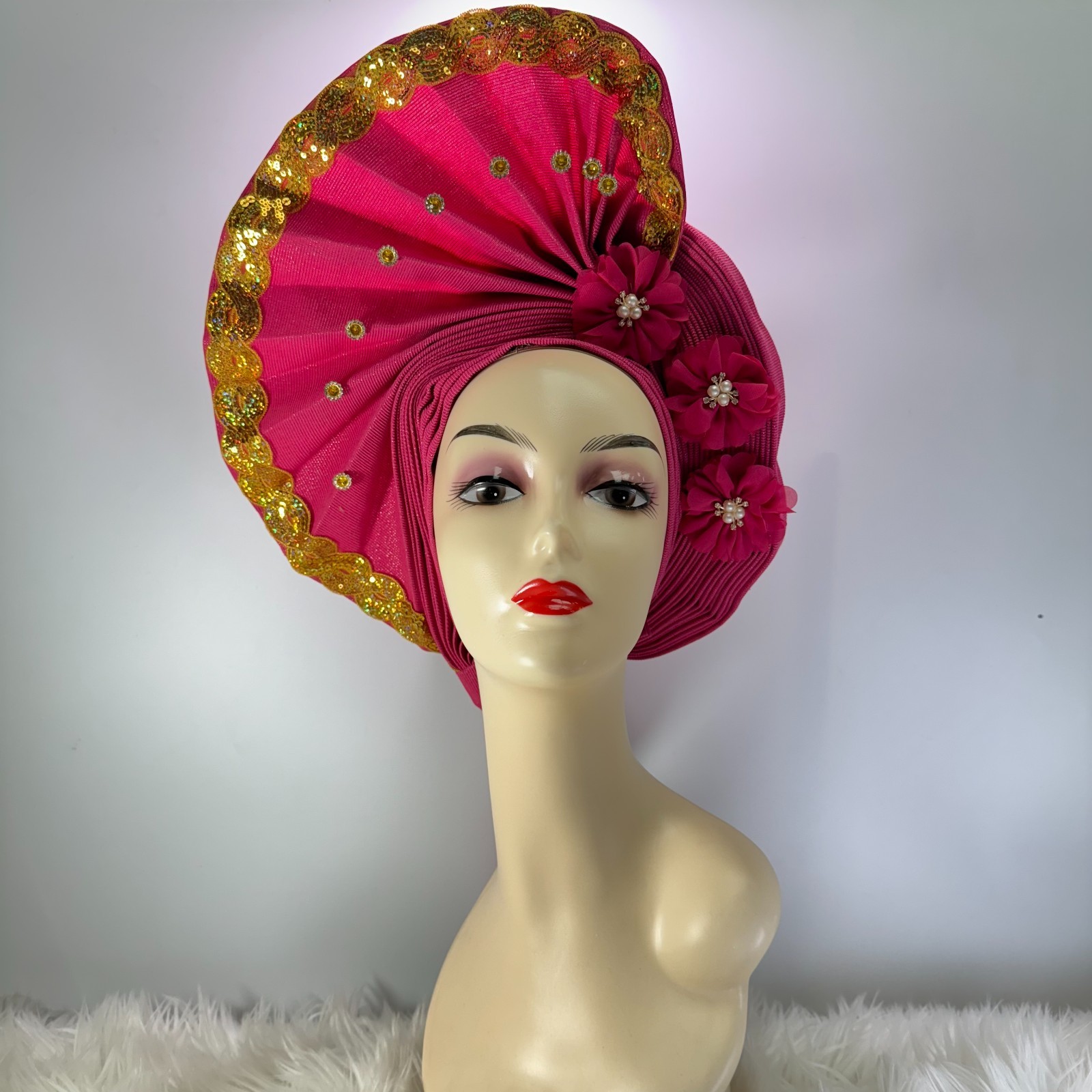 African Gele Fabric Turban Headtie Made Aso-Oke Auto Gele Beaded Head Wear Hat