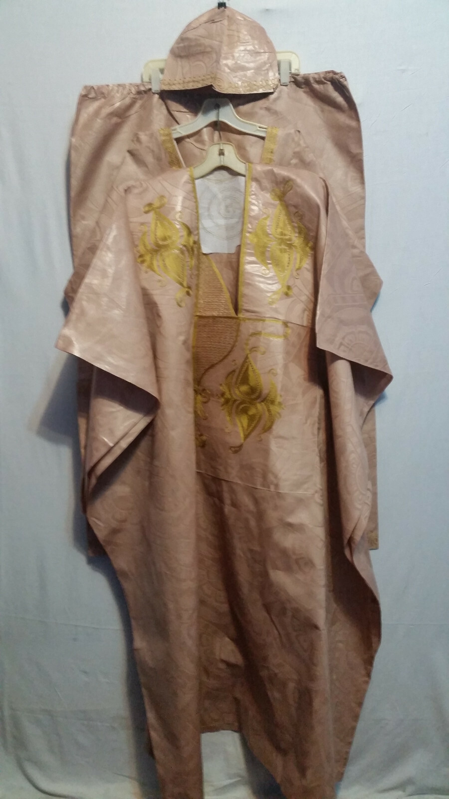 Men Grand Boubou Pant Suit w/ Hat African Brocade Beige Gold Free Size