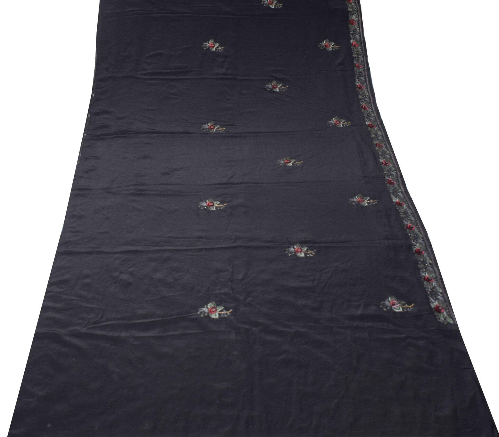 Sushila Vintage HEAVY Black Saree Pure Crepe Silk Hand Embroidered Sari Fabric
