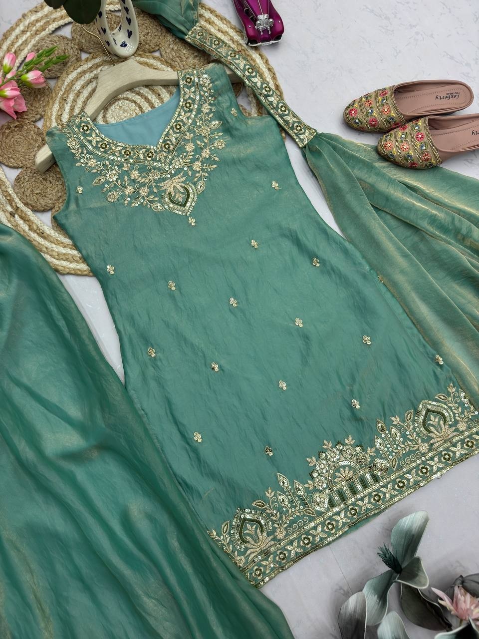 Eid Reception Party Wear Fandy Silk Sharara Plazzo Suit