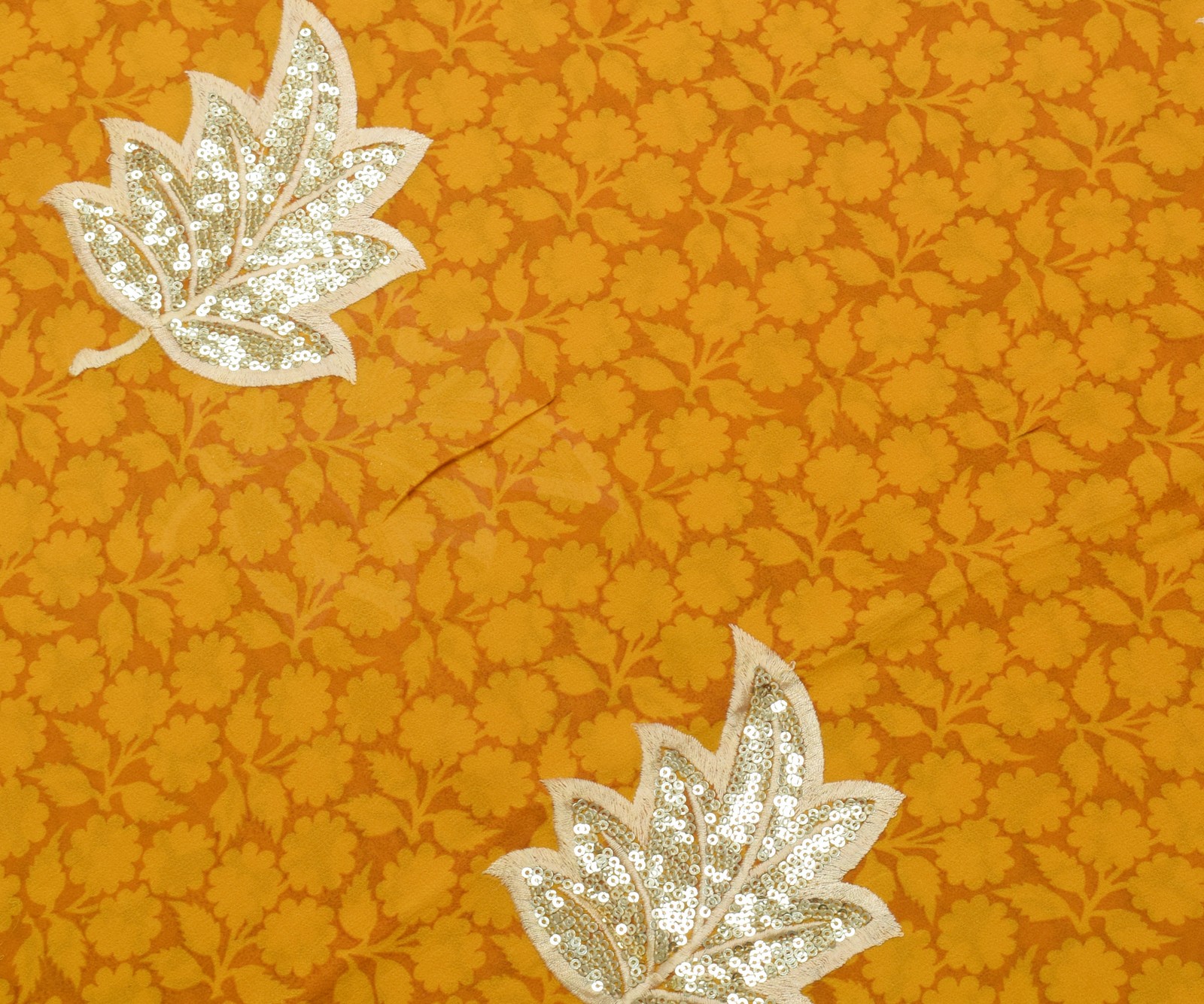 Sushila Vintage Mustard Saree Pure Georgette Printed & Embroidered Sari Fabric