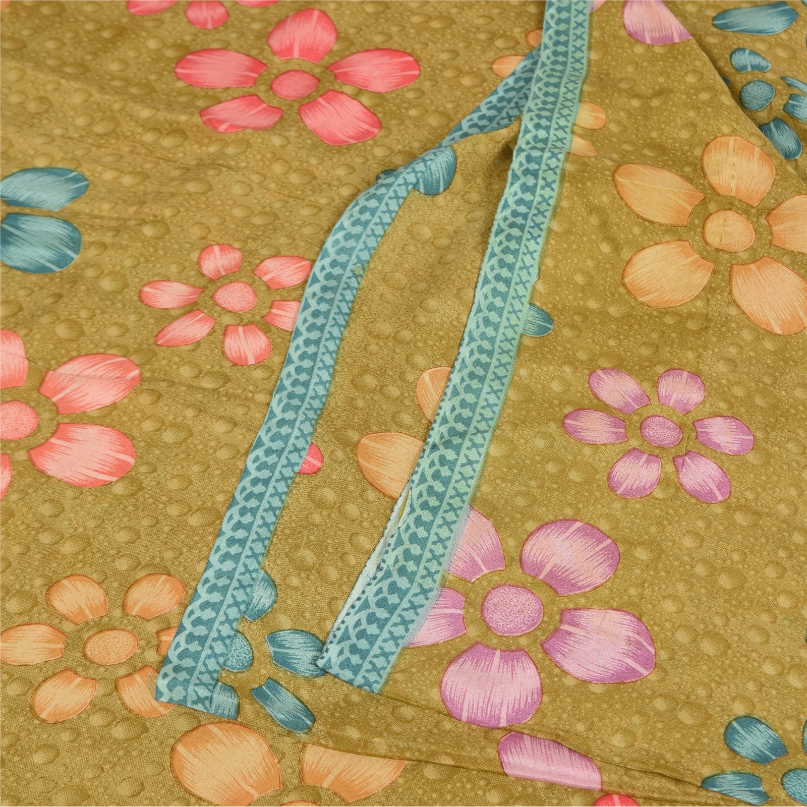 Sanskriti Vintage Saree Green Pure Crepe Silk Floral Printed Sari 5.5+Yd Fabric
