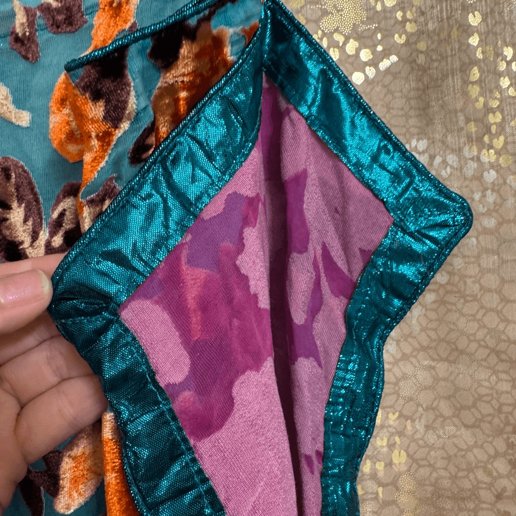 Burnout Velvet Floral Pink Blue Teal Metallic Border Fabric Saree Wrap