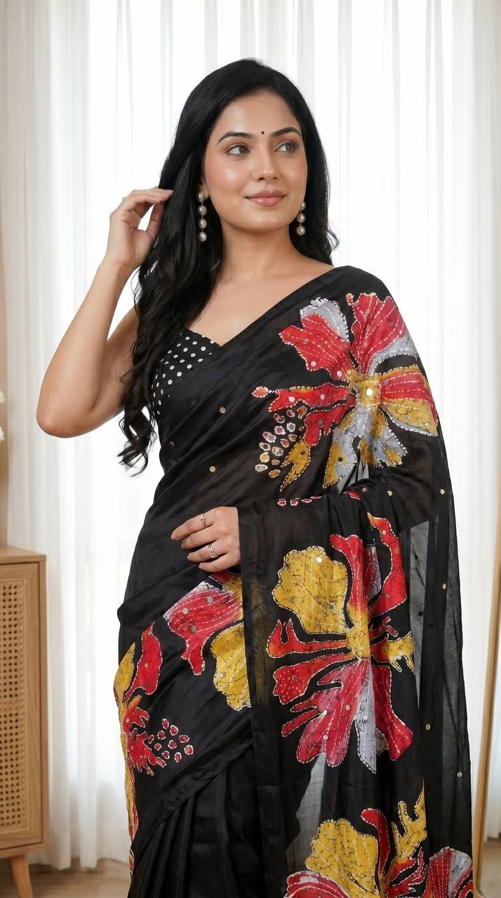 Semi Model Silk Saree Real Mirror Work Floral Print Ethnic Indian Saree Blouse