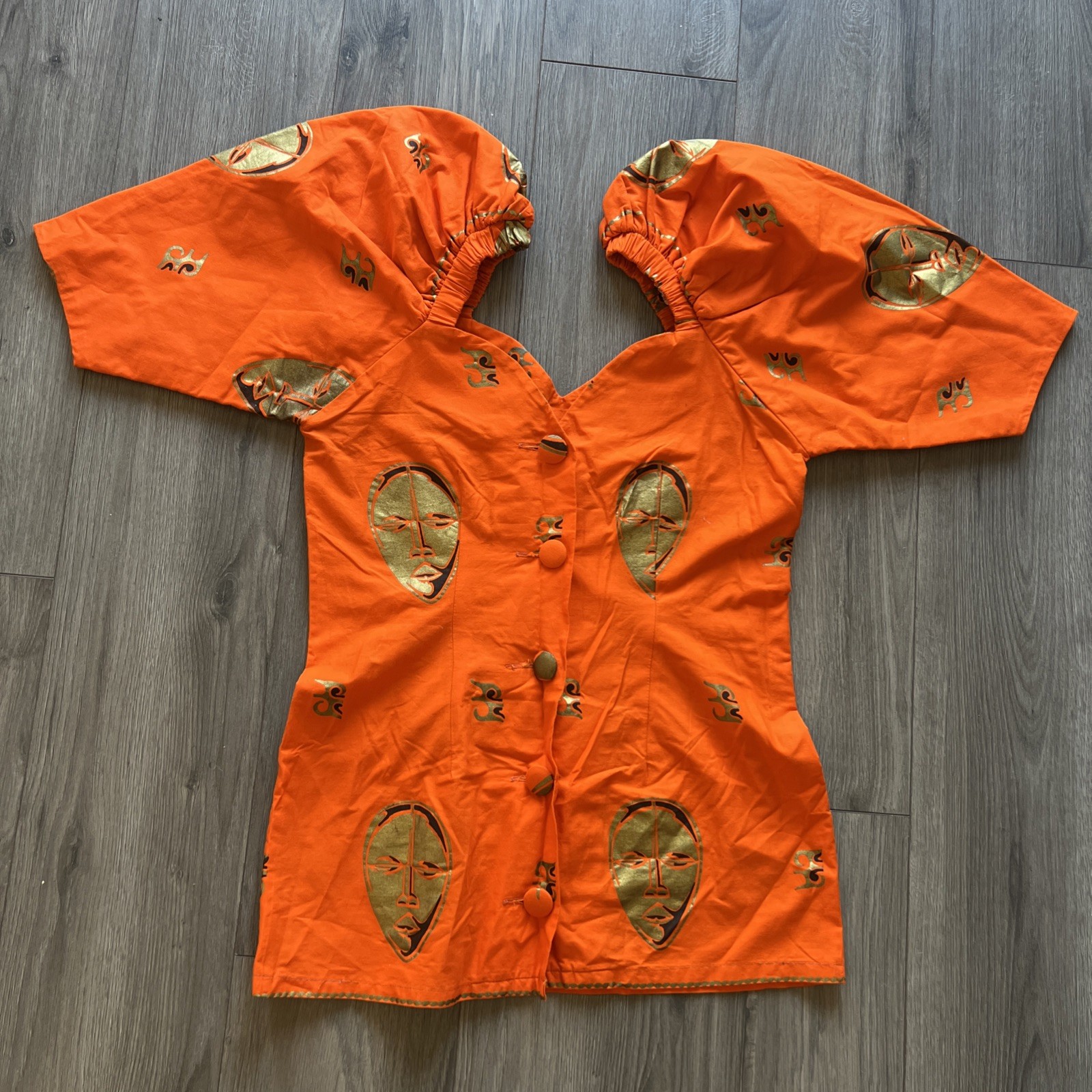 Handmade Traditional African Gold mask Button Top Sz M-L