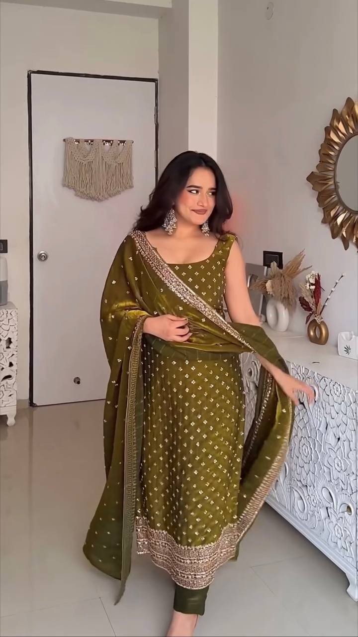 Stunning Look Silk Olive Green Salwar Kameez With Dupatta For Functional Wear
