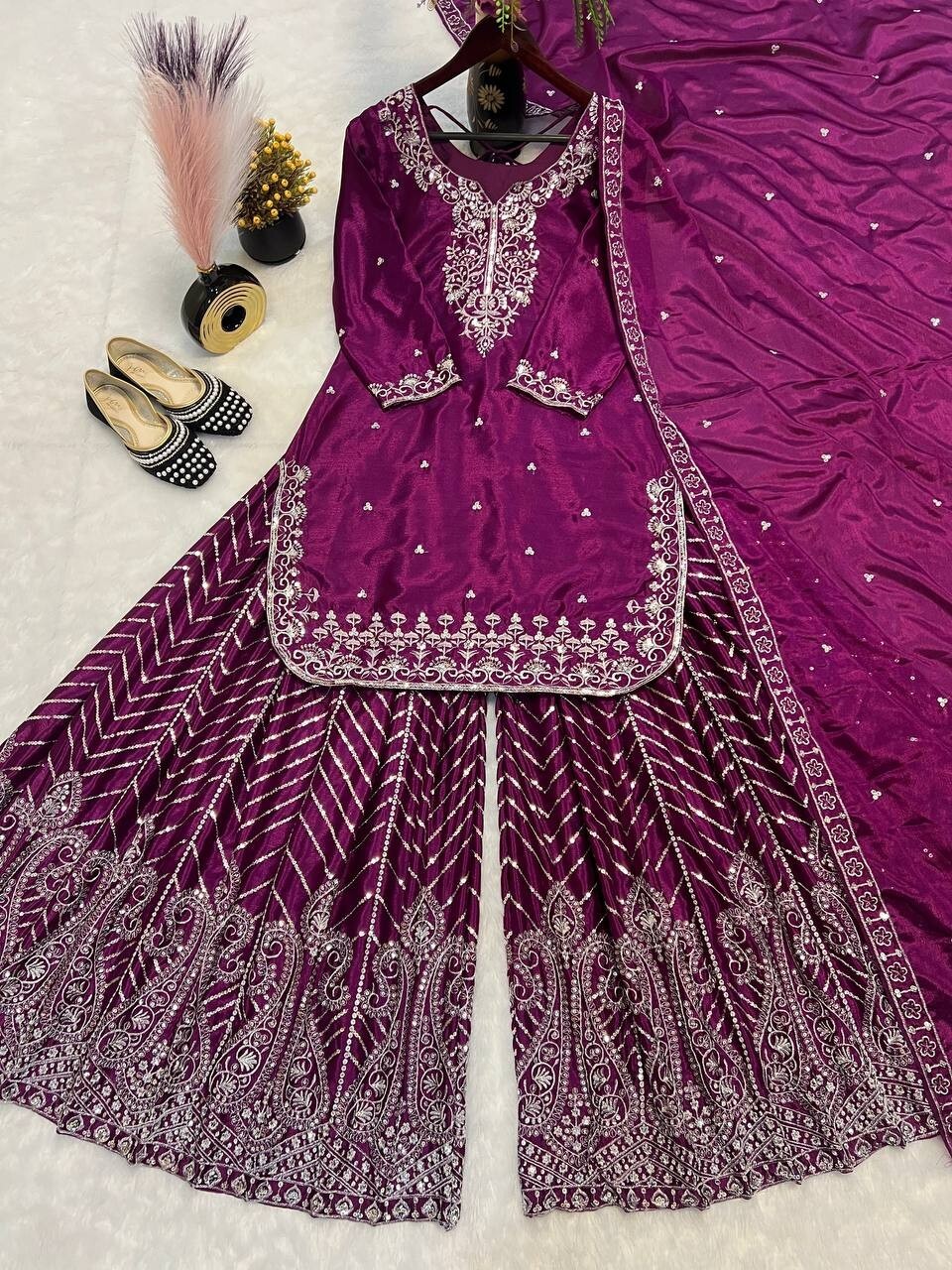 New Attractive Wine Chinon Silk Kurta Palazzo With Dupatta For Wedding & Party