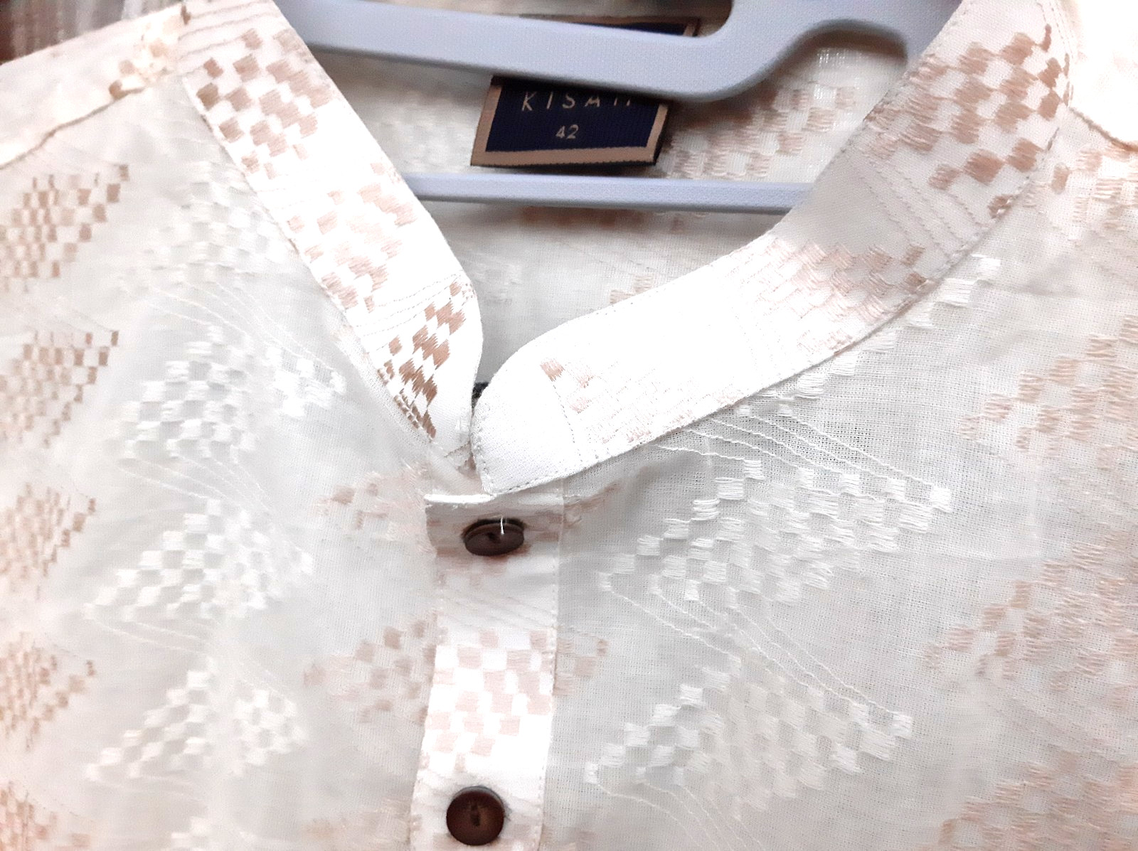KISAH Mens Kurta Printed Cotton Blend Tunic (42) Off White Ivory / Gold New