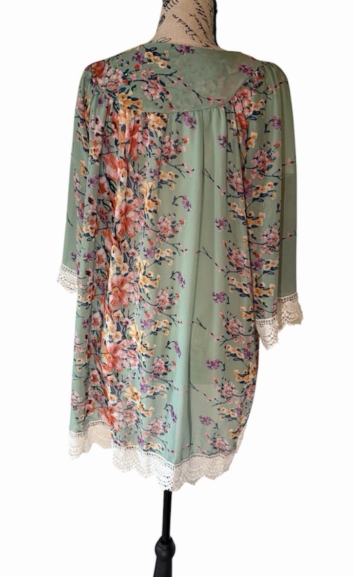 Women’s Green Floral Open Front Kimono Cardigan Crochet Lace Trim Polyester S-L