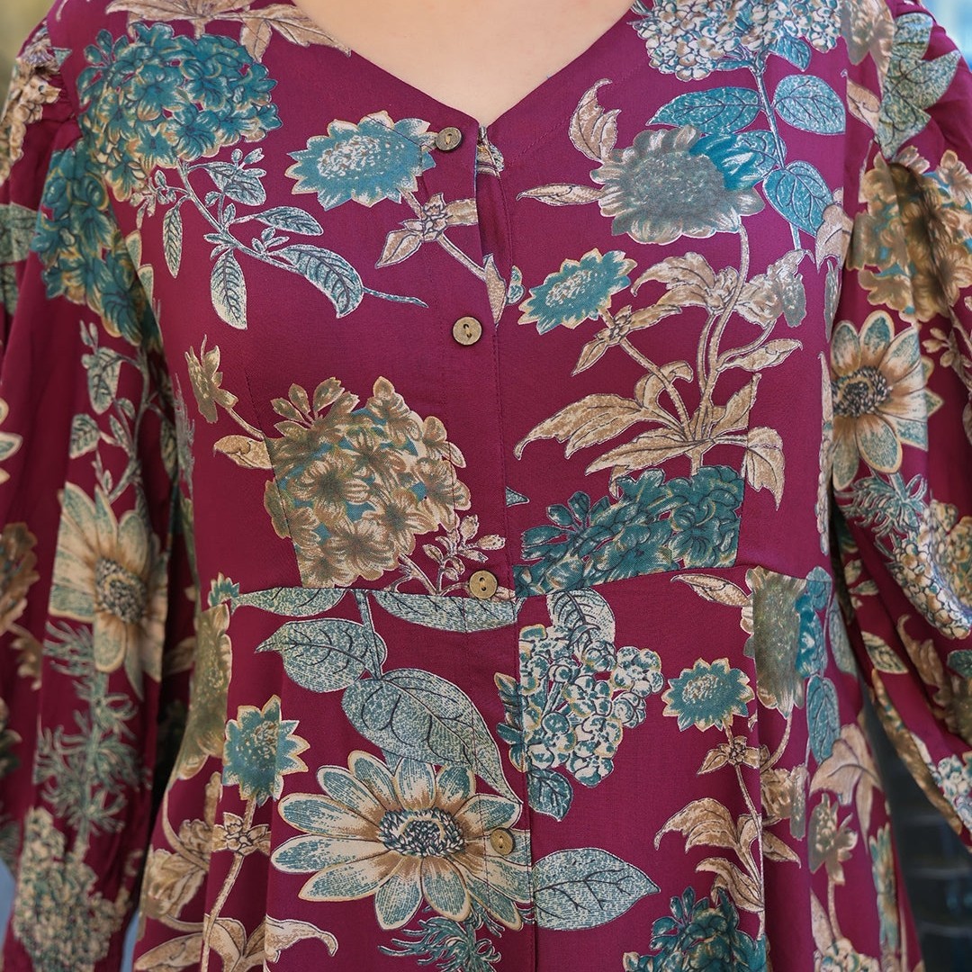 Premium Maroon Floral Print Rayon Fabric Flared Long Dress for Women | Flowy Boh