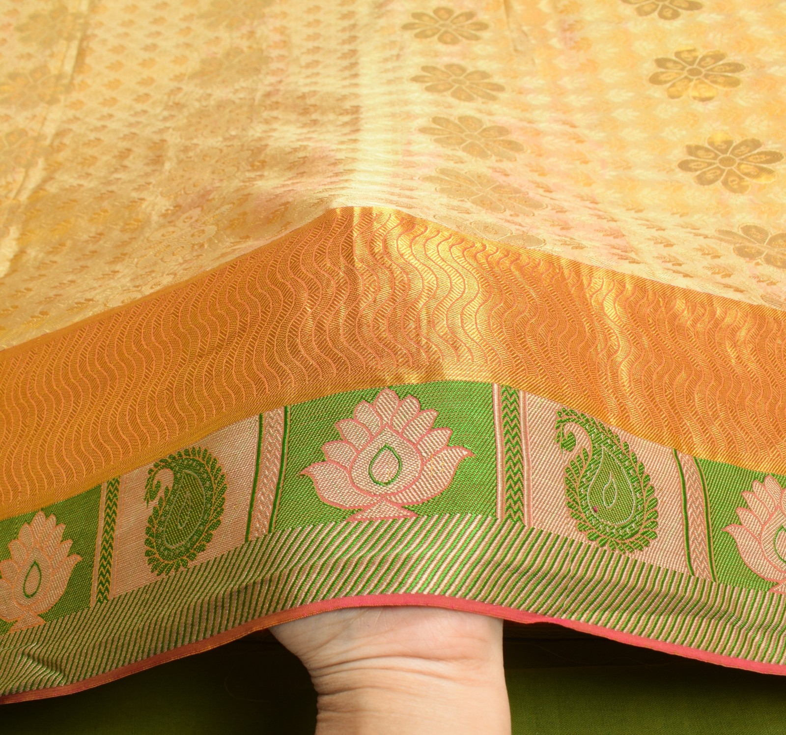 Sushila Vintage Light Yellow kanjivaram Saree Pure Silk Zari Brocade Sari Fabric