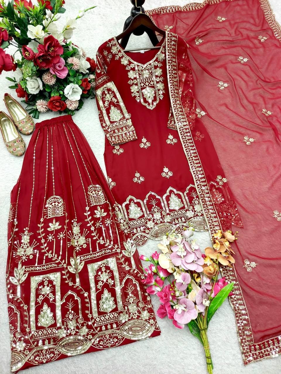 New Attractive Heavy Faux Georgette Kurta Palazzo With Dupatta For Women