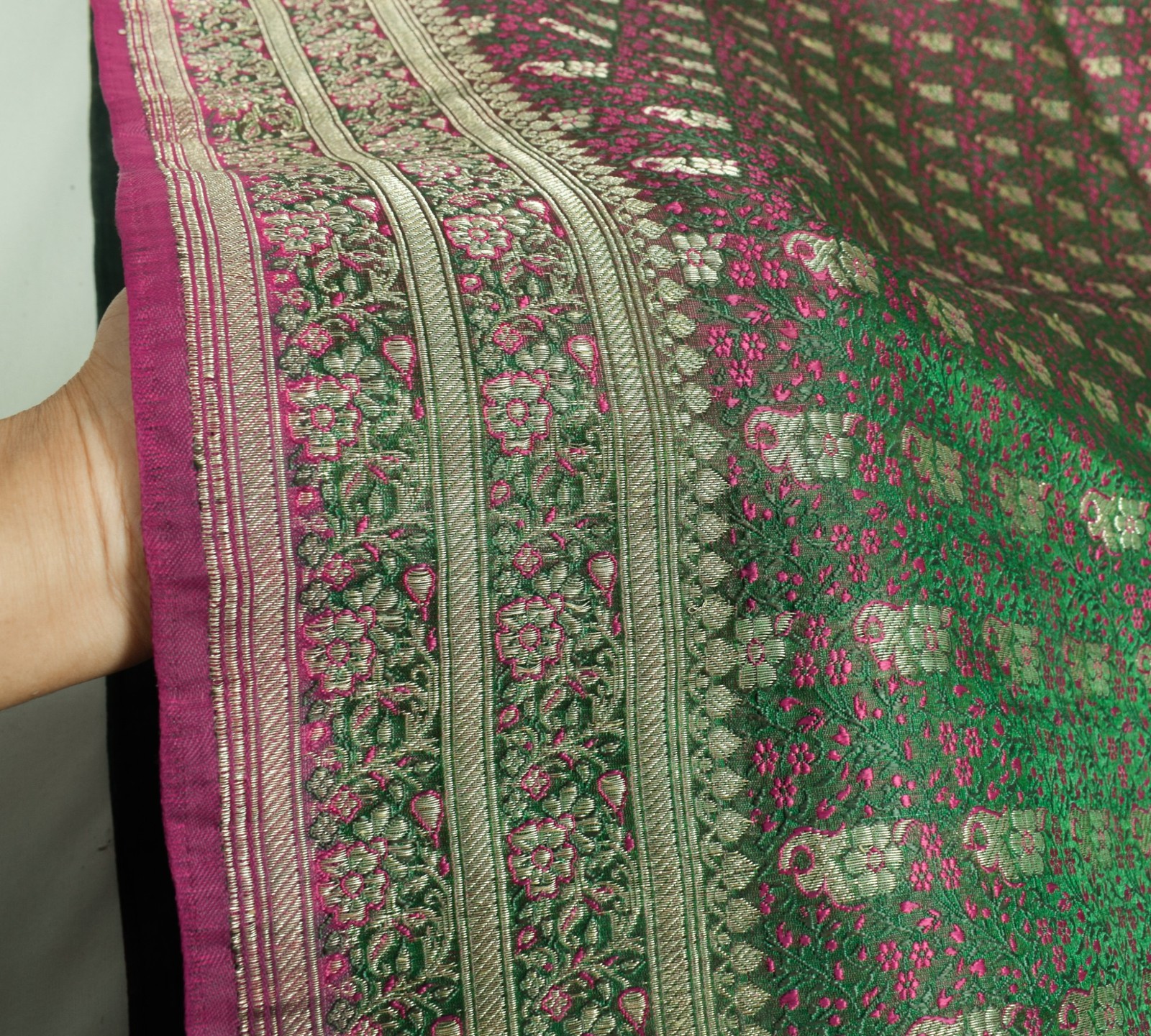 Sushila Vintage Heavy Green Saree Pure Satin Silk Banarasi Brocade Sari Fabric