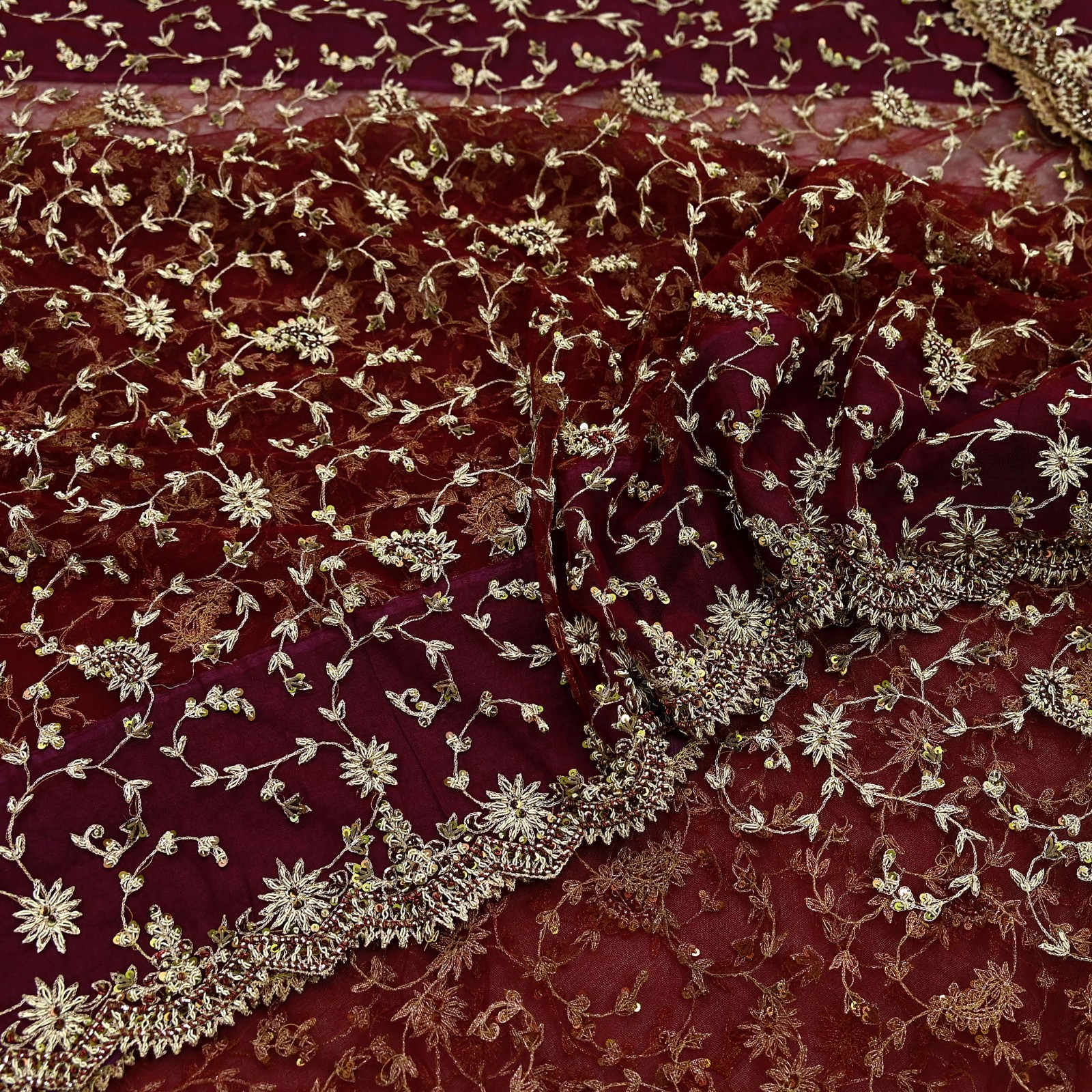 Vintage Heavy Sari Maroon Net/Mesh Hand Embroidered Sarees Fabric 6Yd Ethnic