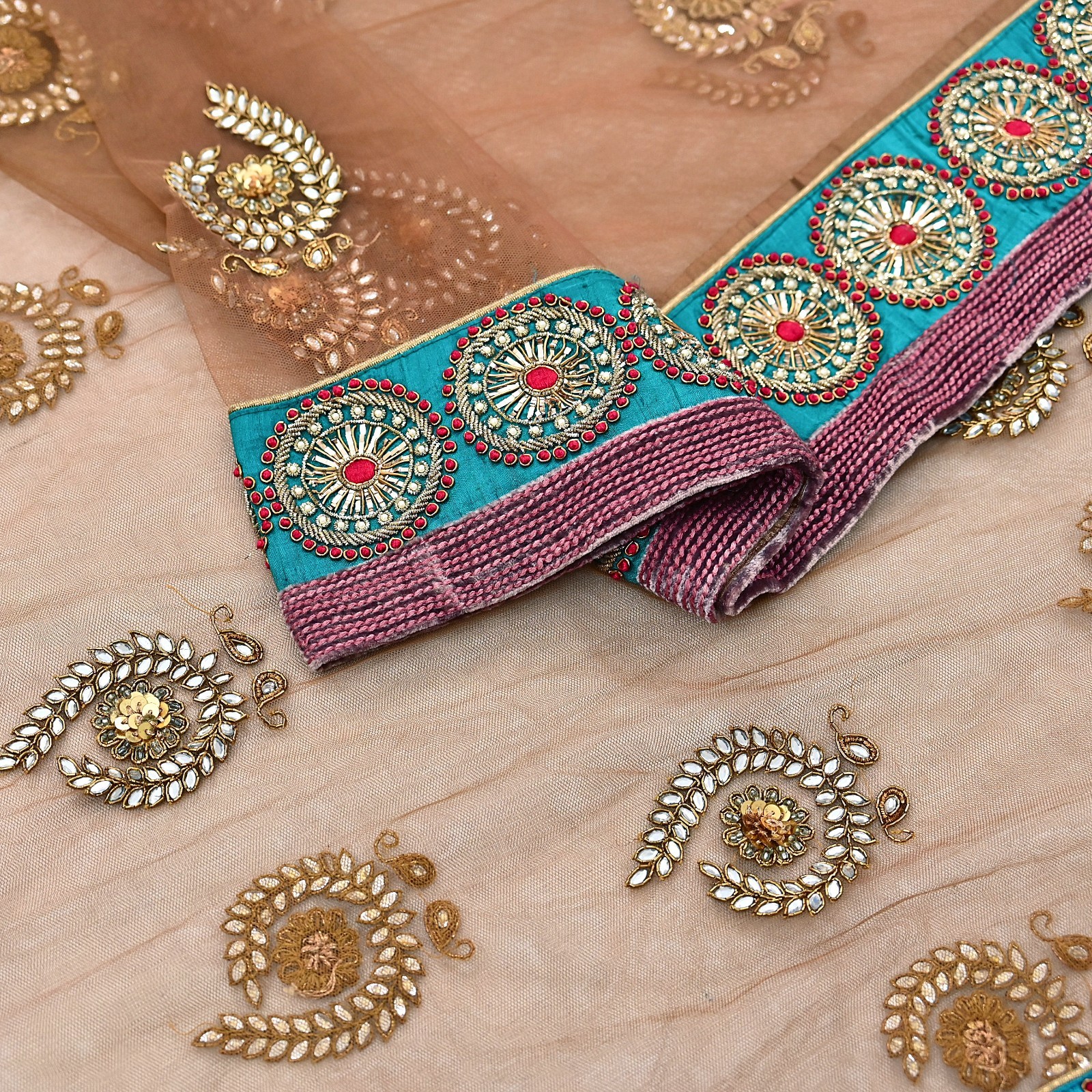 Indian Vintage Heavy Brown Net/Mesh Hand Embroidered Designer Dupatta