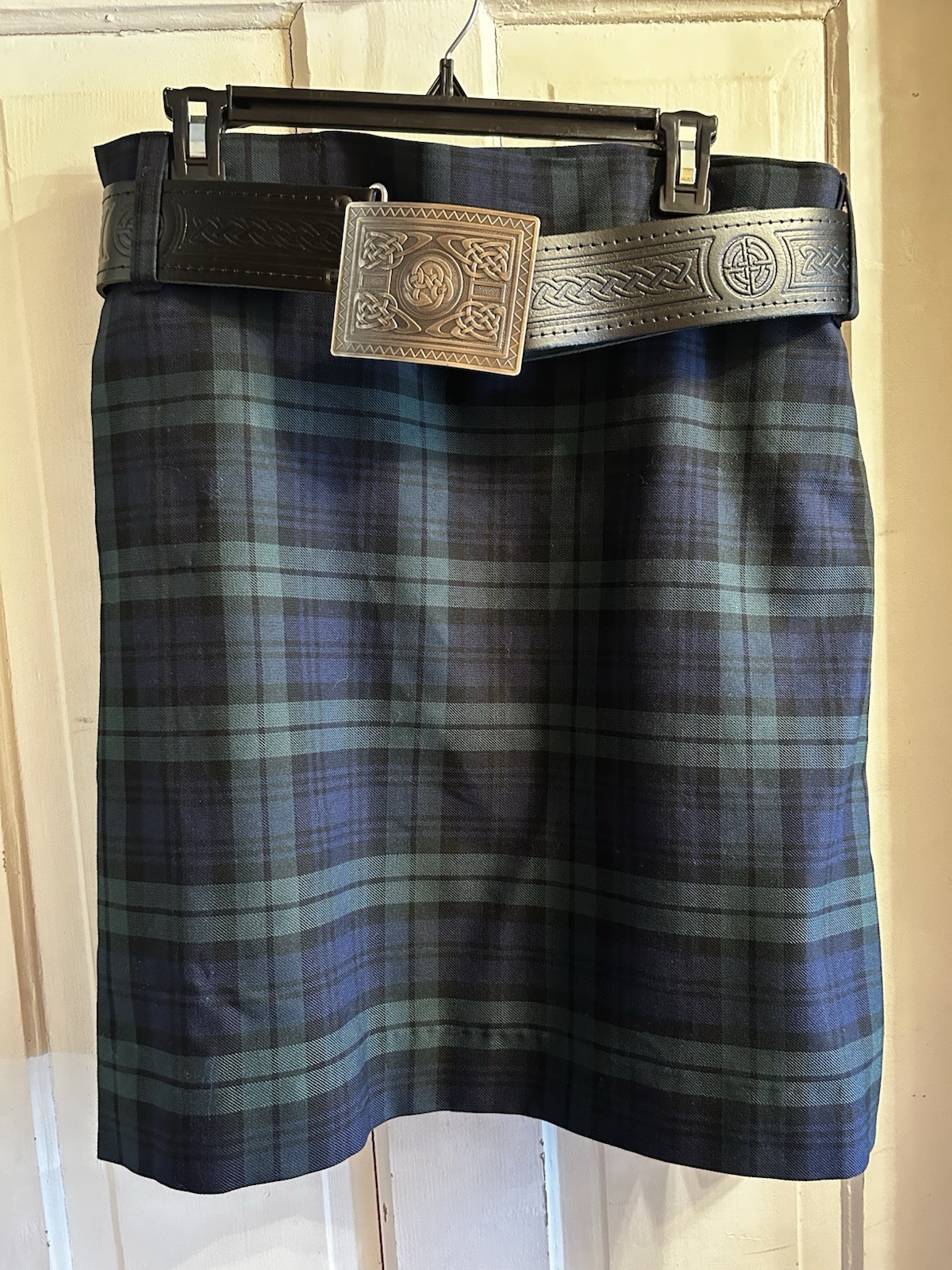 USA Kilts Tartan Kilt Black Leather Celtic Embossed Belt Pewter Stag Pin