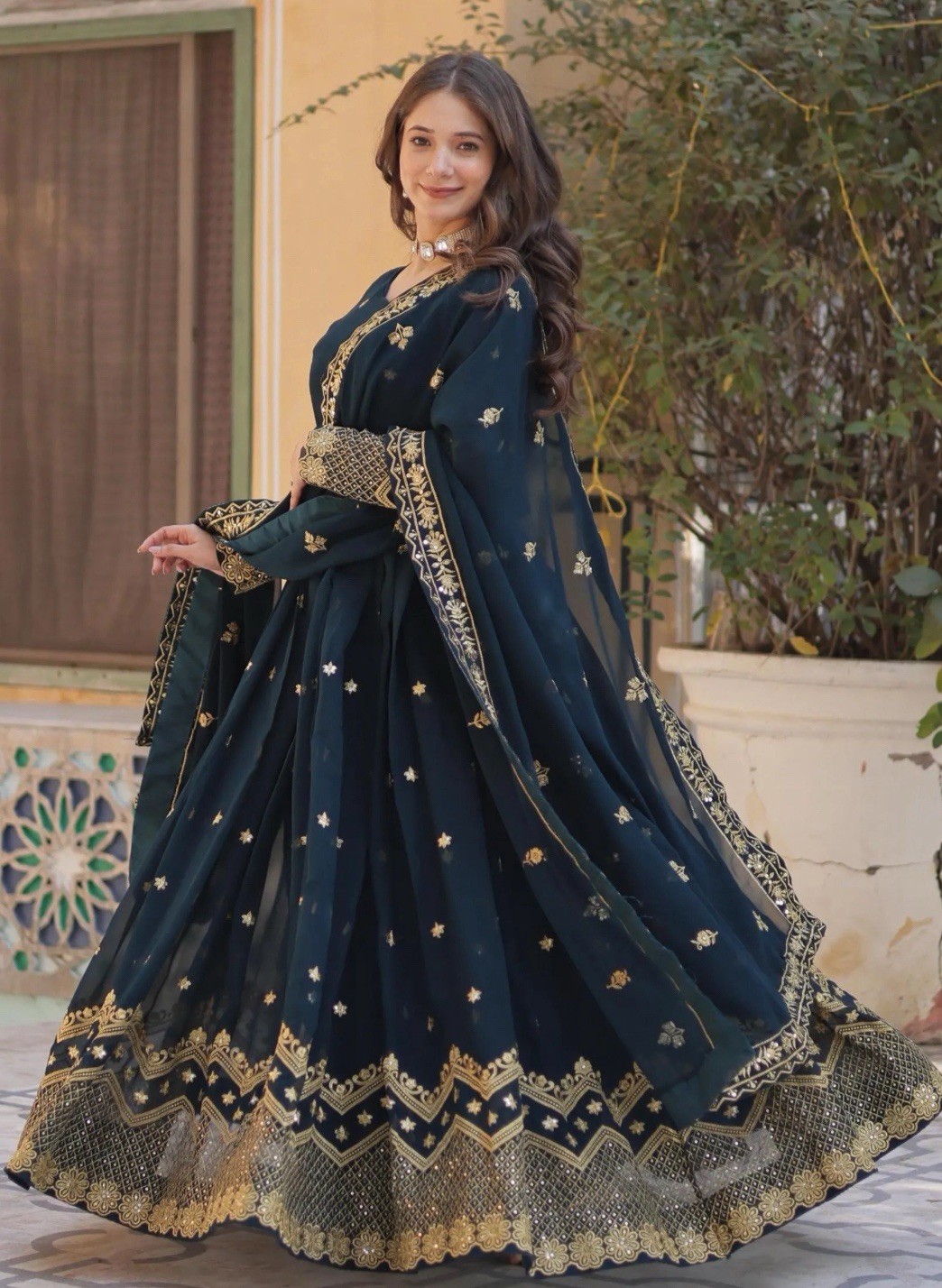 Navy Blue Heavy Faux Georgette Gown With Embroidery & Sequence Work