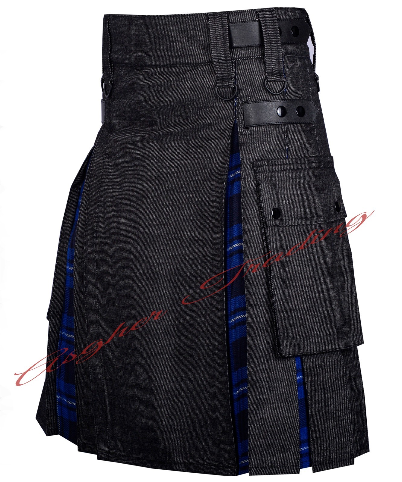 Scottish Black Denim & American Patriot Tartan Hybrid Utility Kilt & Custom Size