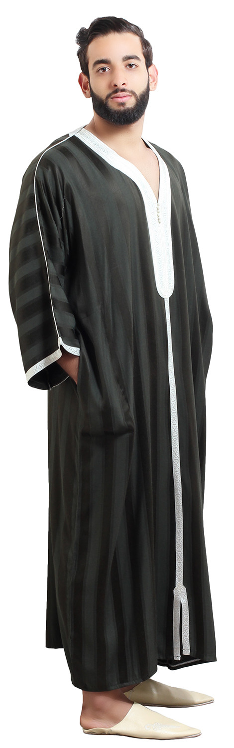 Moroccan Men Caftan Kaftan Thobe Abaya Dishdasha Arab Kameez Gandoura LG Black