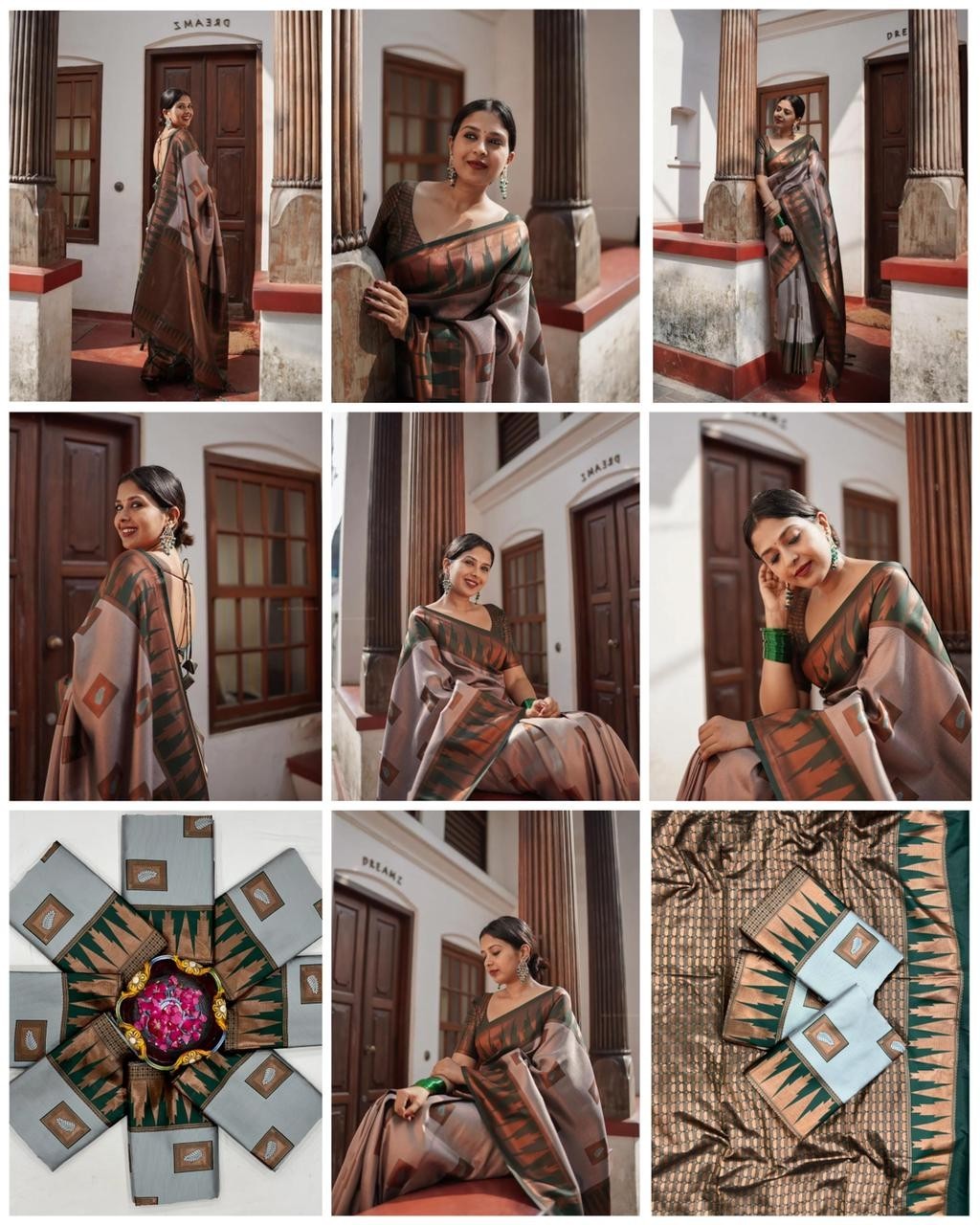 Rose Gold Green Lichi Silk Saree Rich Pallu Jacquard Work All Over Indian Sari