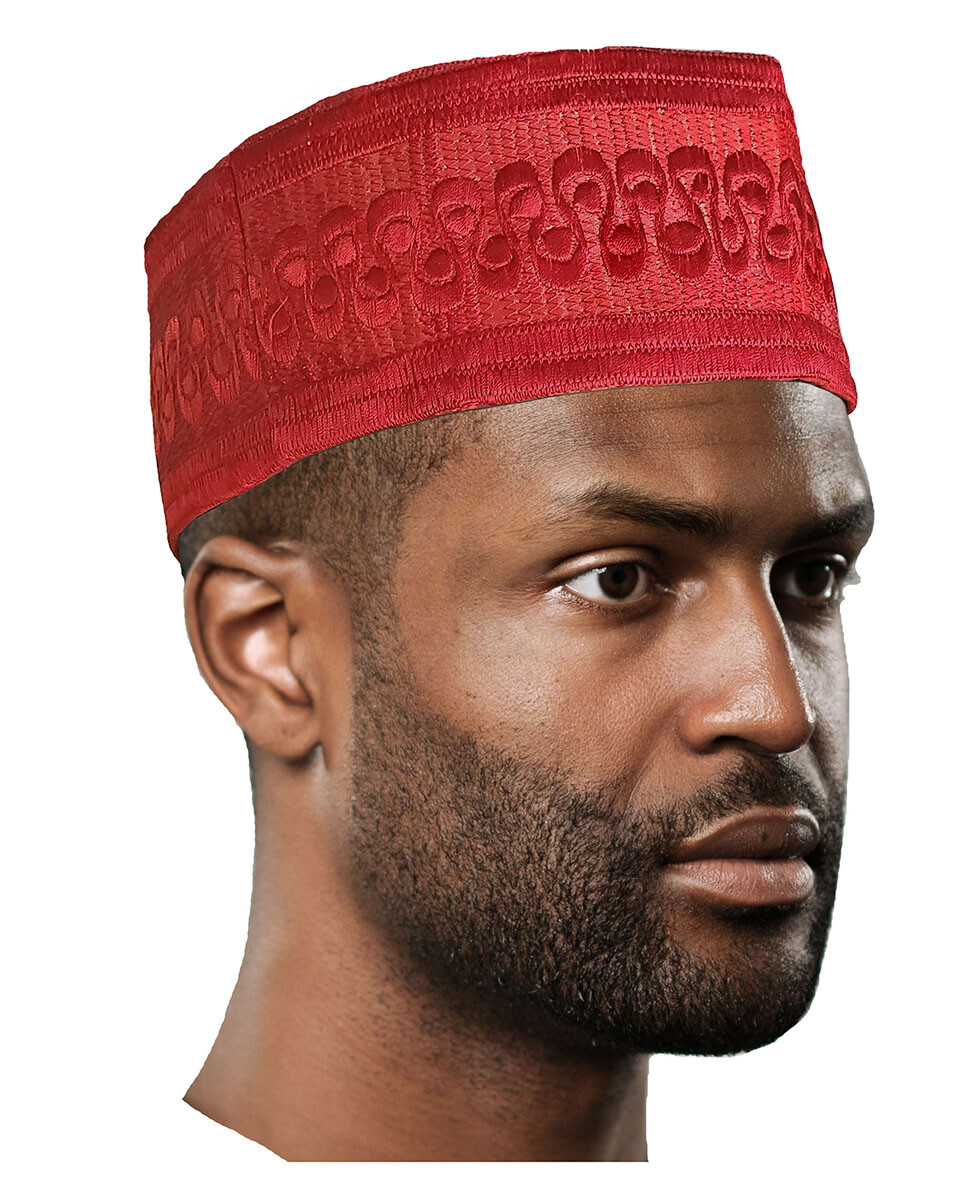 Red Embroidered African Hand Woven Aso Oke Hat