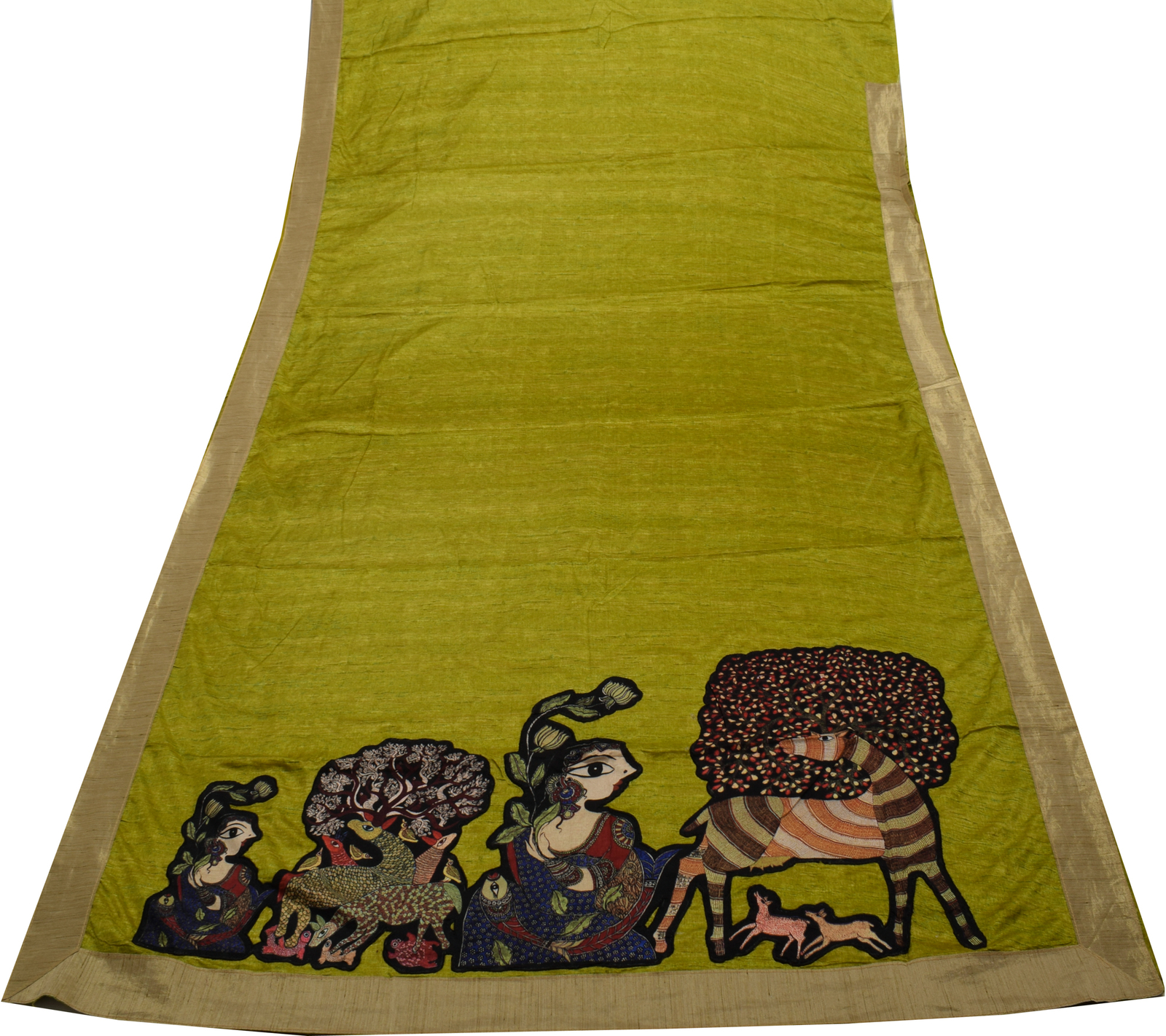 Sushila Vintage Green Indian Saree Blend Silk Humans Applique Work Sari Fabric